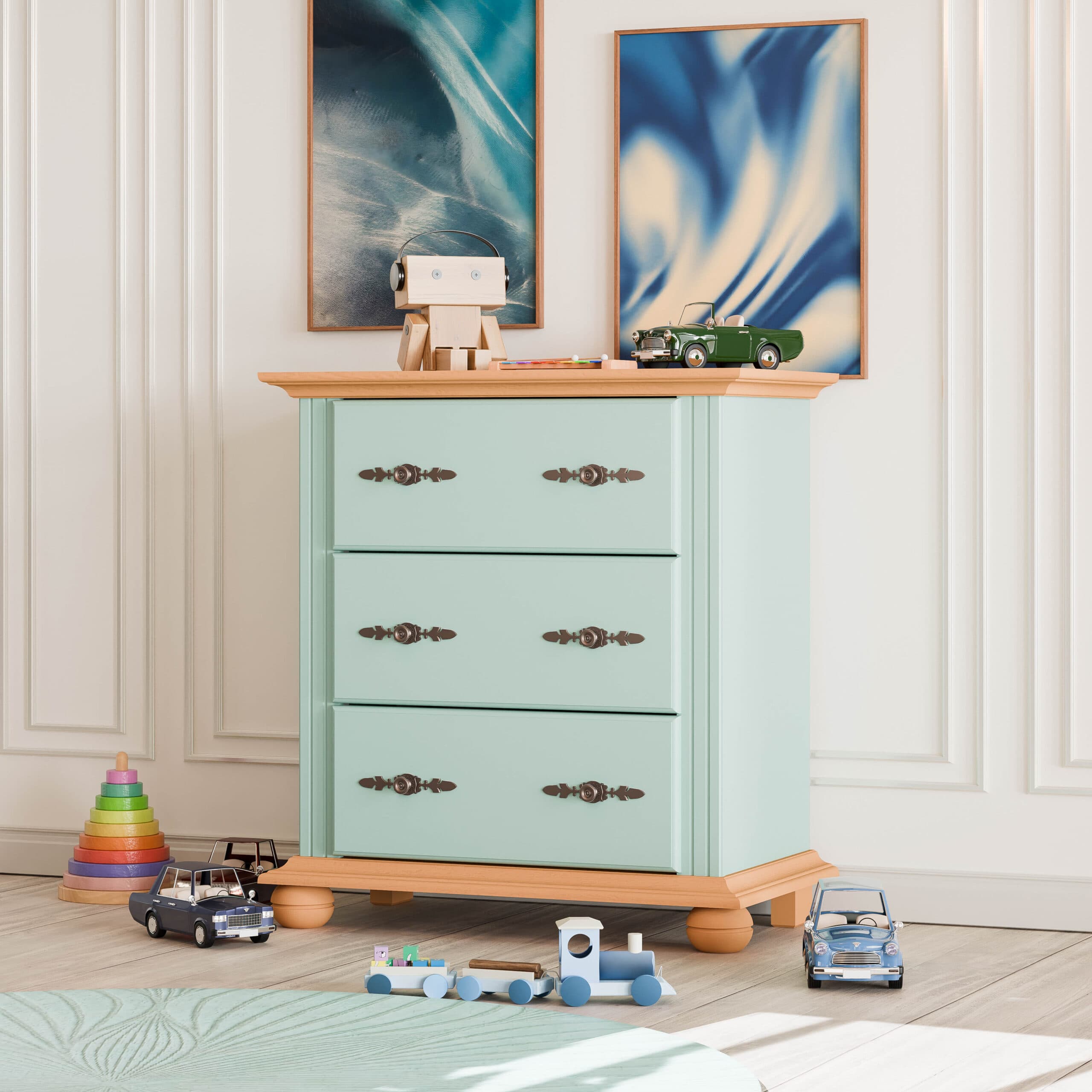 Commode en bois massif Nordby, 3 tiroirs, turquoise pastel