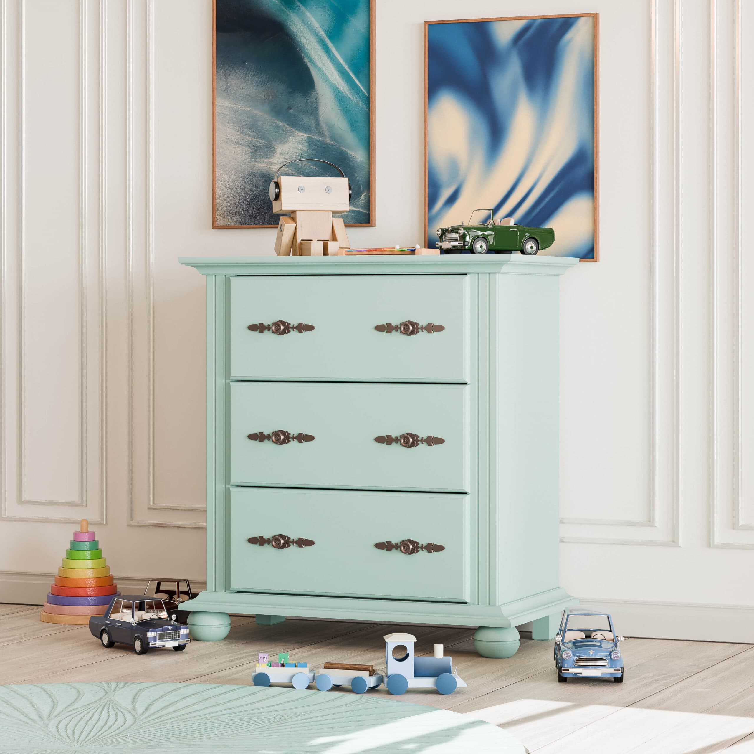 Commode en bois massif Nordby, 3 tiroirs, turquoise pastel