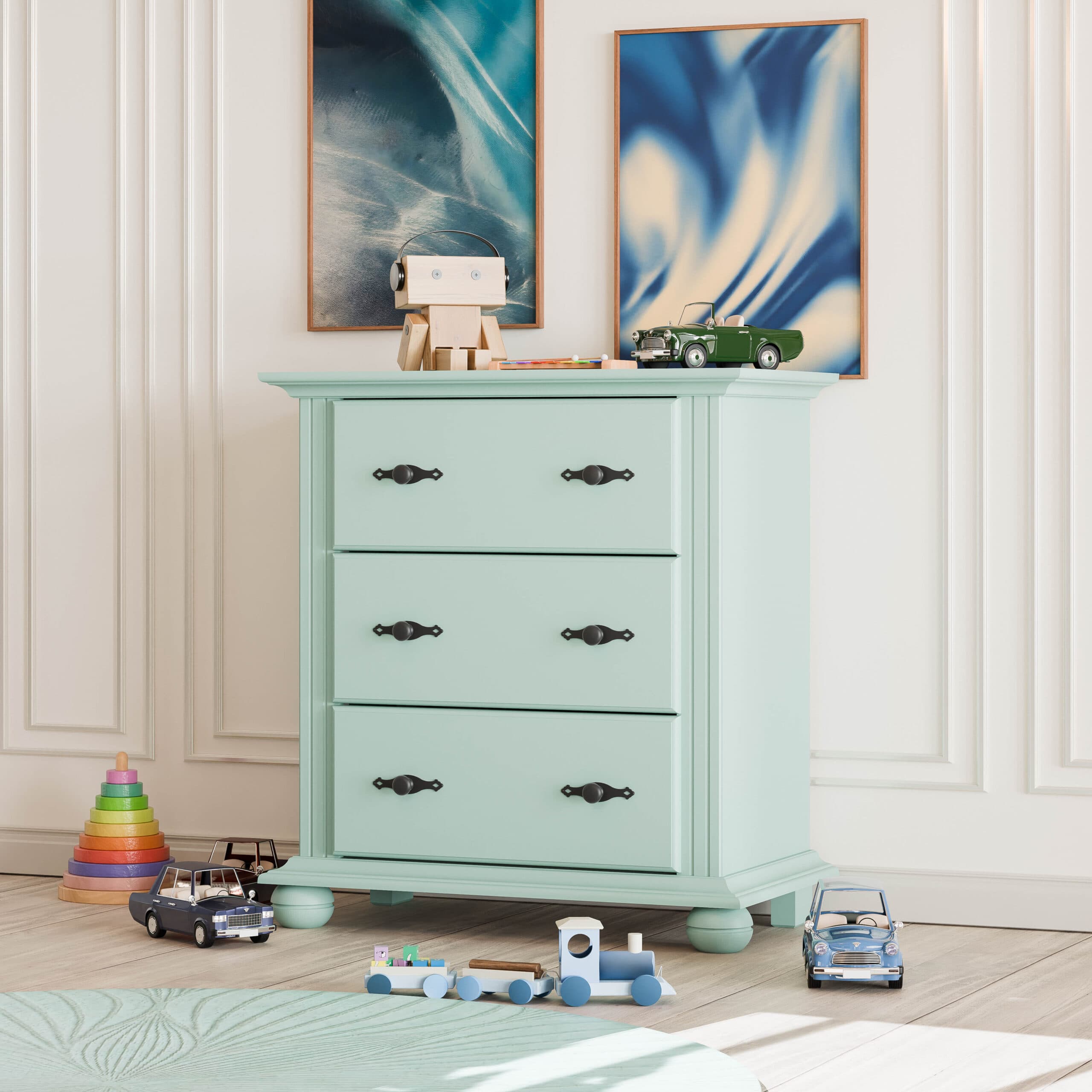 Commode en bois massif Nordby, 3 tiroirs, turquoise pastel