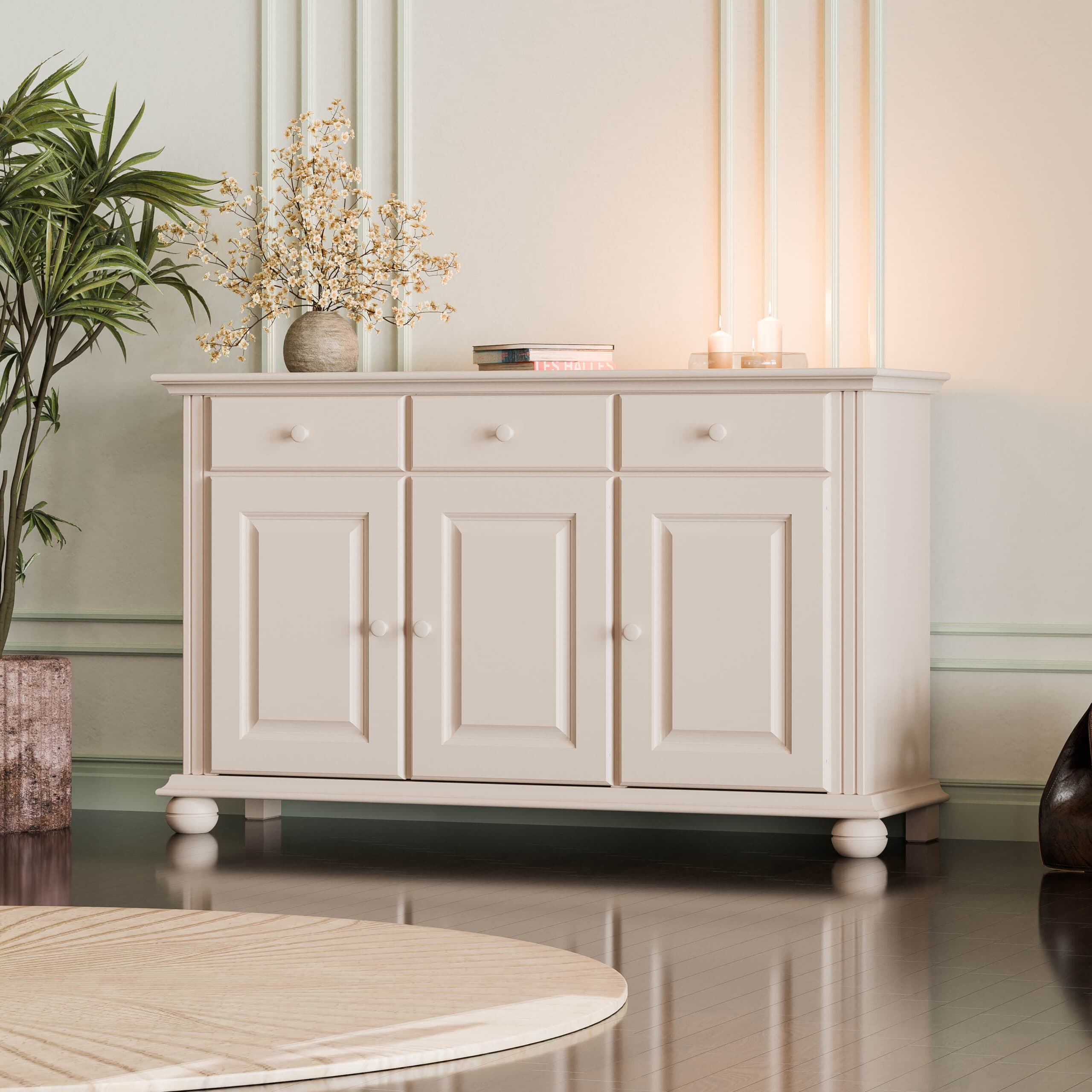 Commode Nordby à 3 portes et 3 tiroirs, beige poudré
