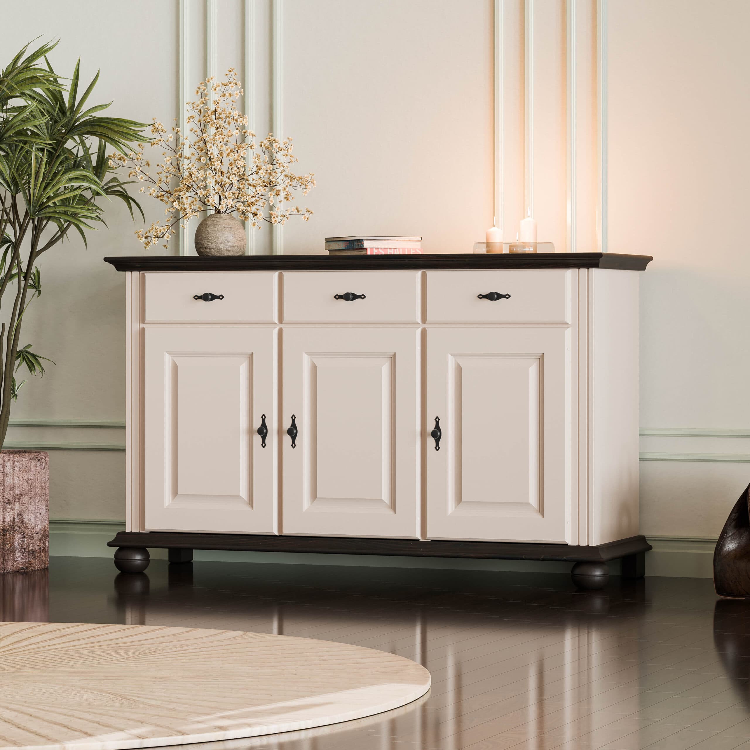 Commode Nordby à 3 portes et 3 tiroirs, beige poudré