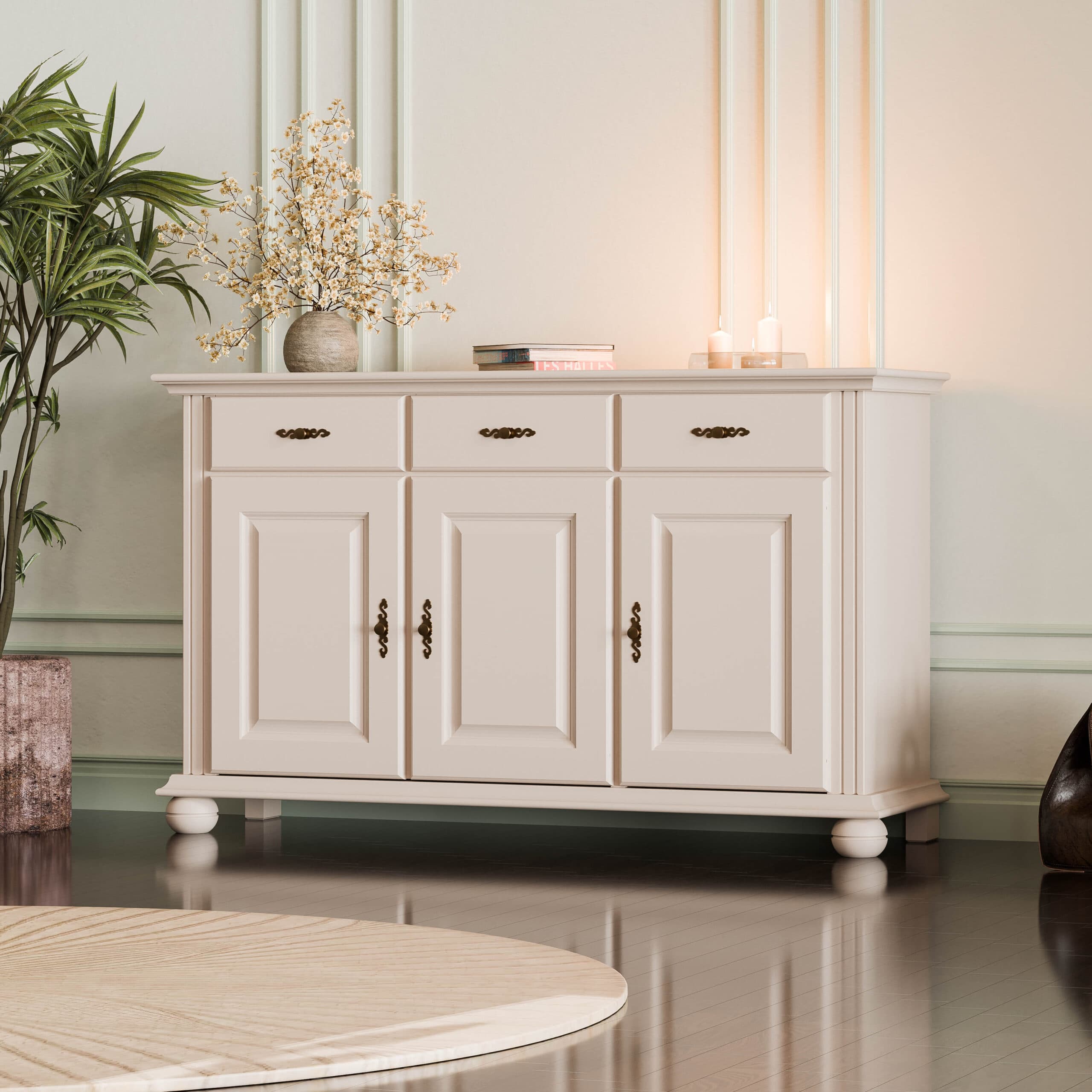 Commode Nordby à 3 portes et 3 tiroirs, beige poudré