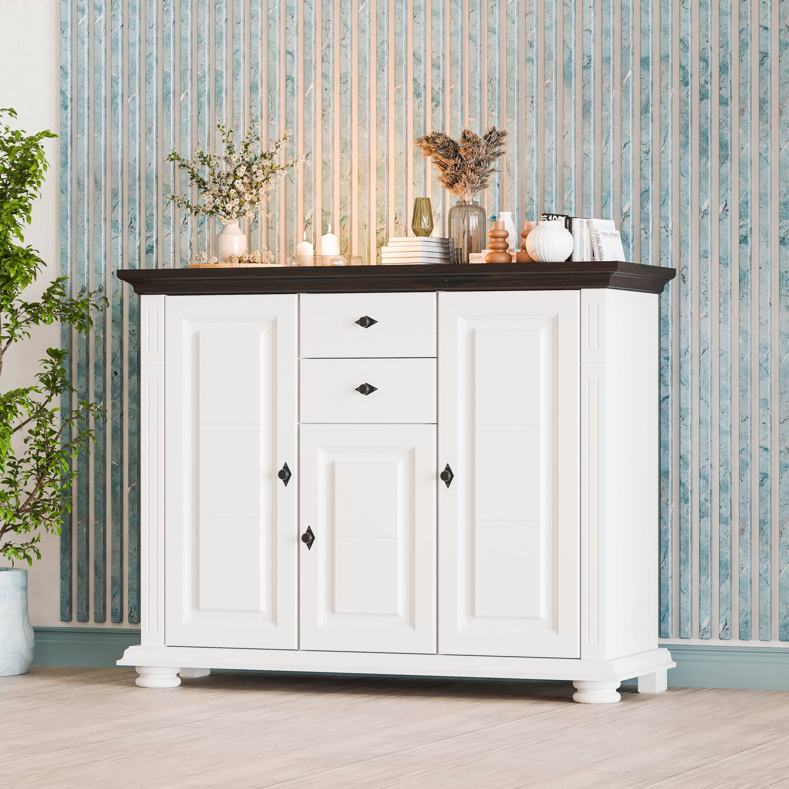 Commode en bois massif « Skagen » à 3 portes et 2 tiroirs