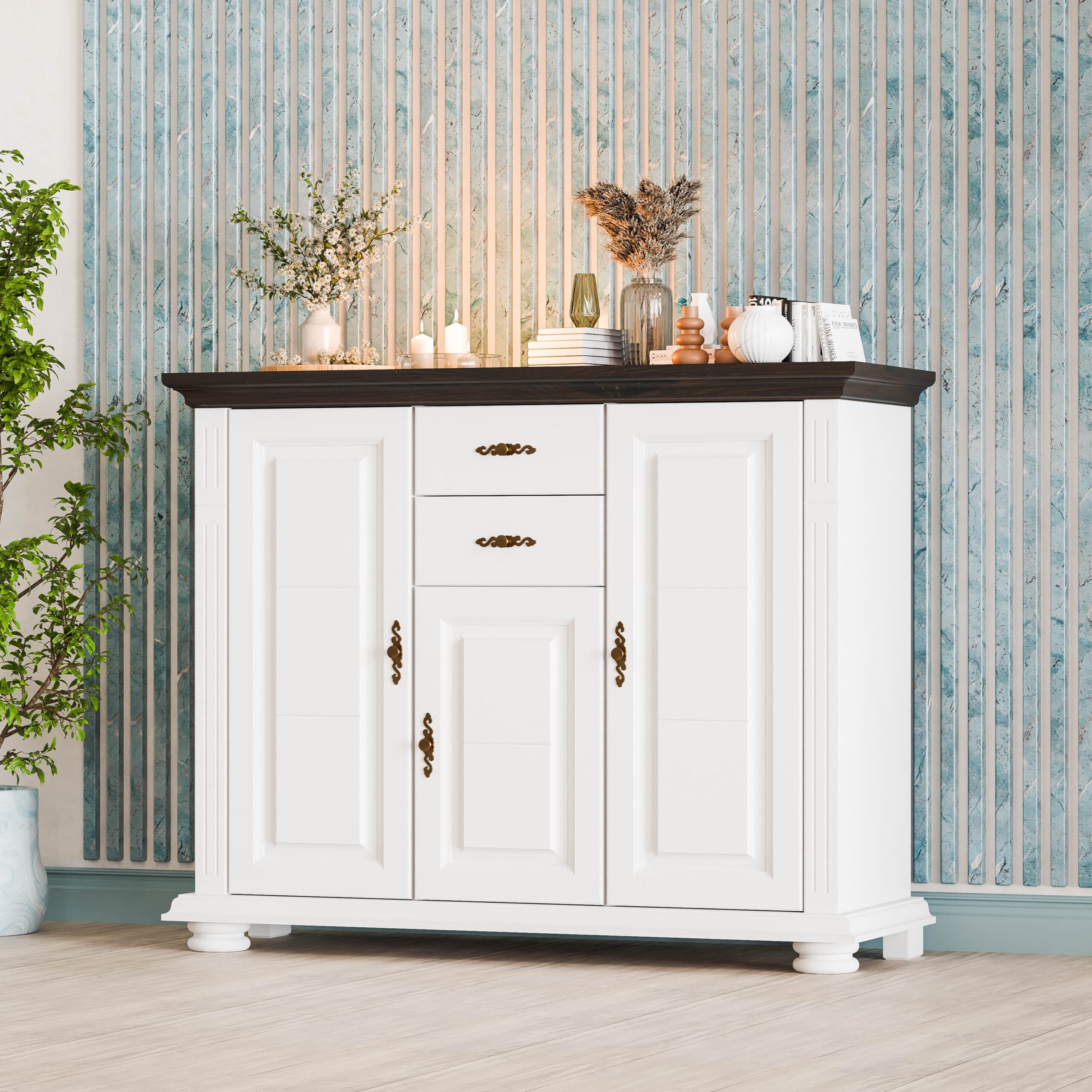 Commode en bois massif « Skagen » à 3 portes et 2 tiroirs