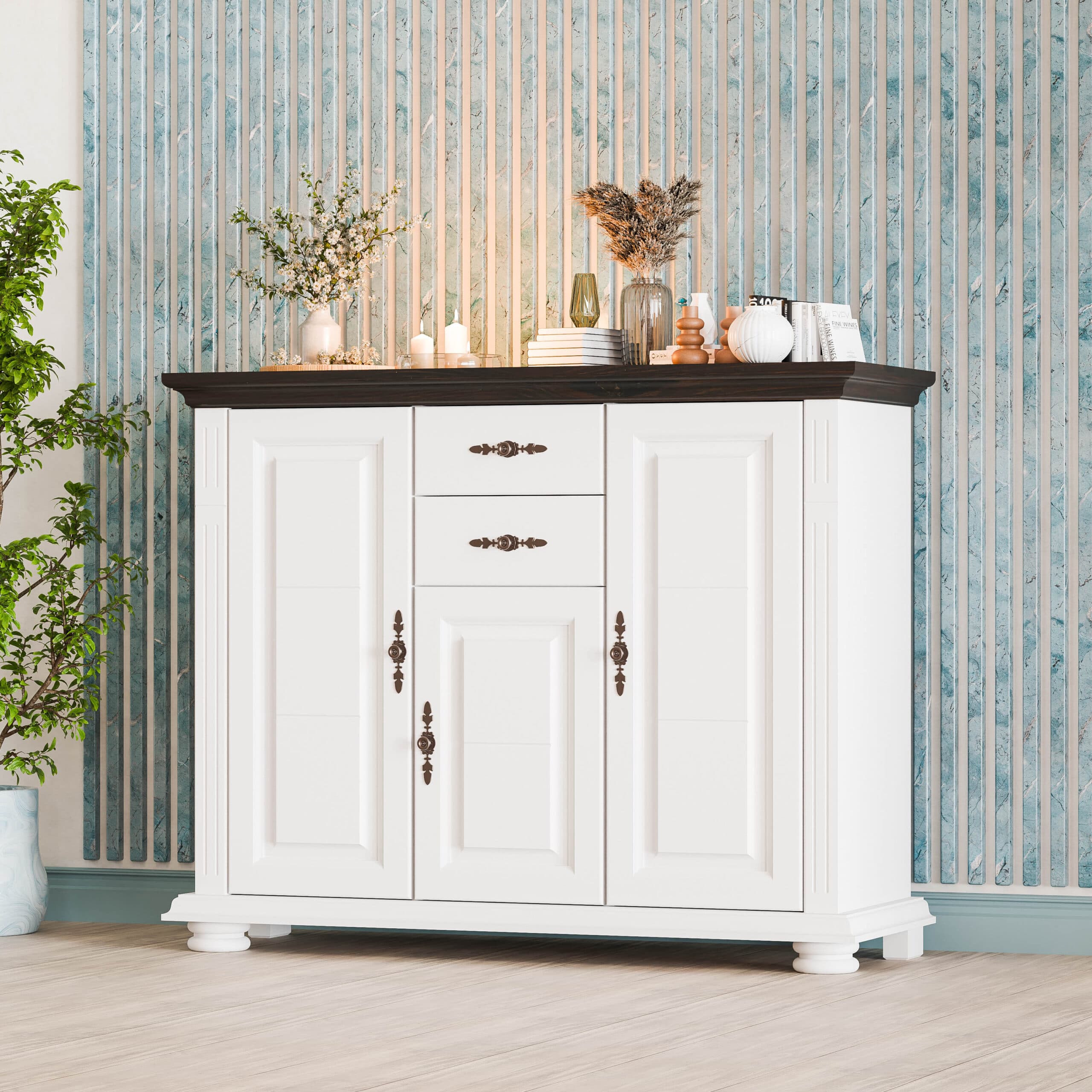 Commode en bois massif « Skagen » à 3 portes et 2 tiroirs