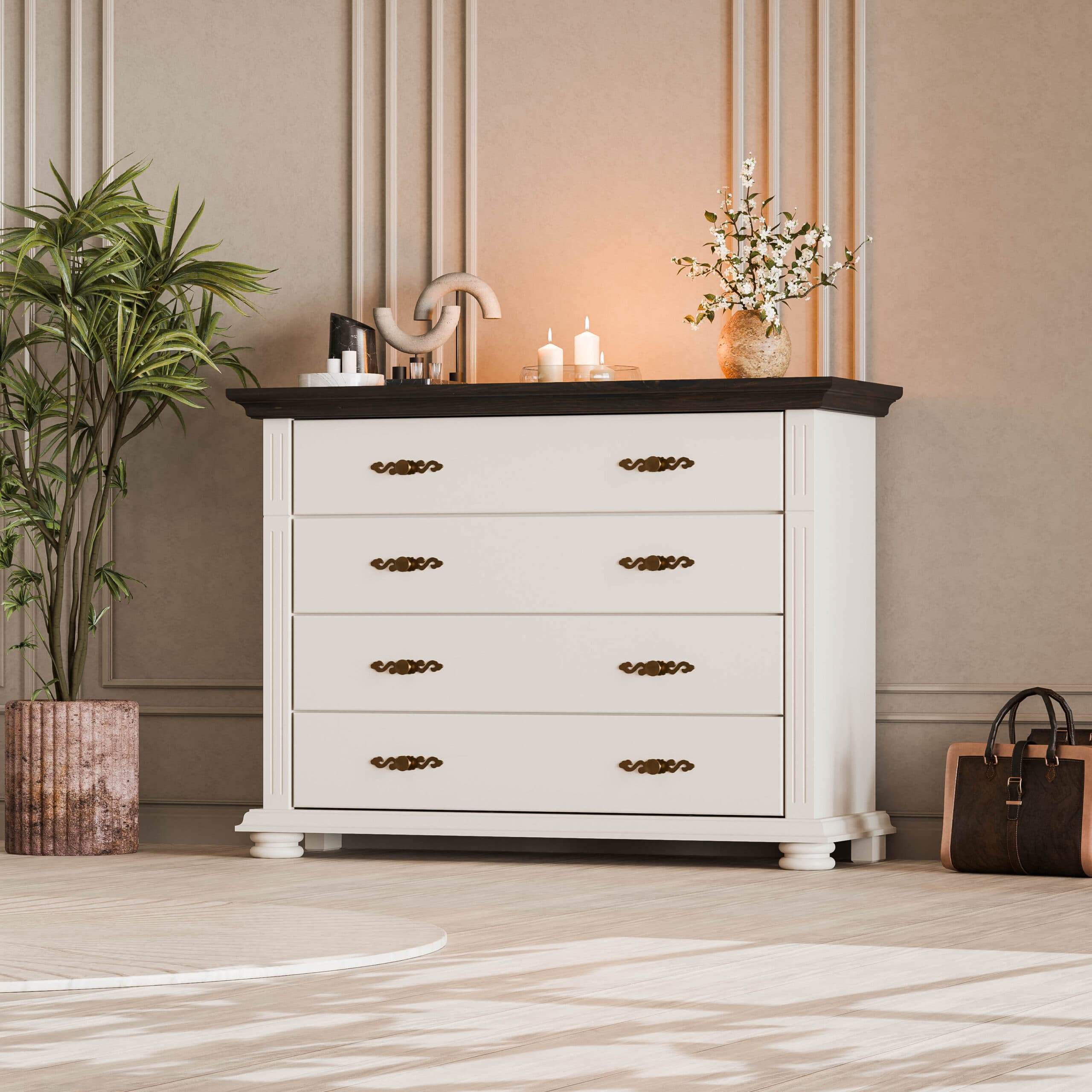 Commode Skagen en bois massif à 4 tiroirs, beige cachemire