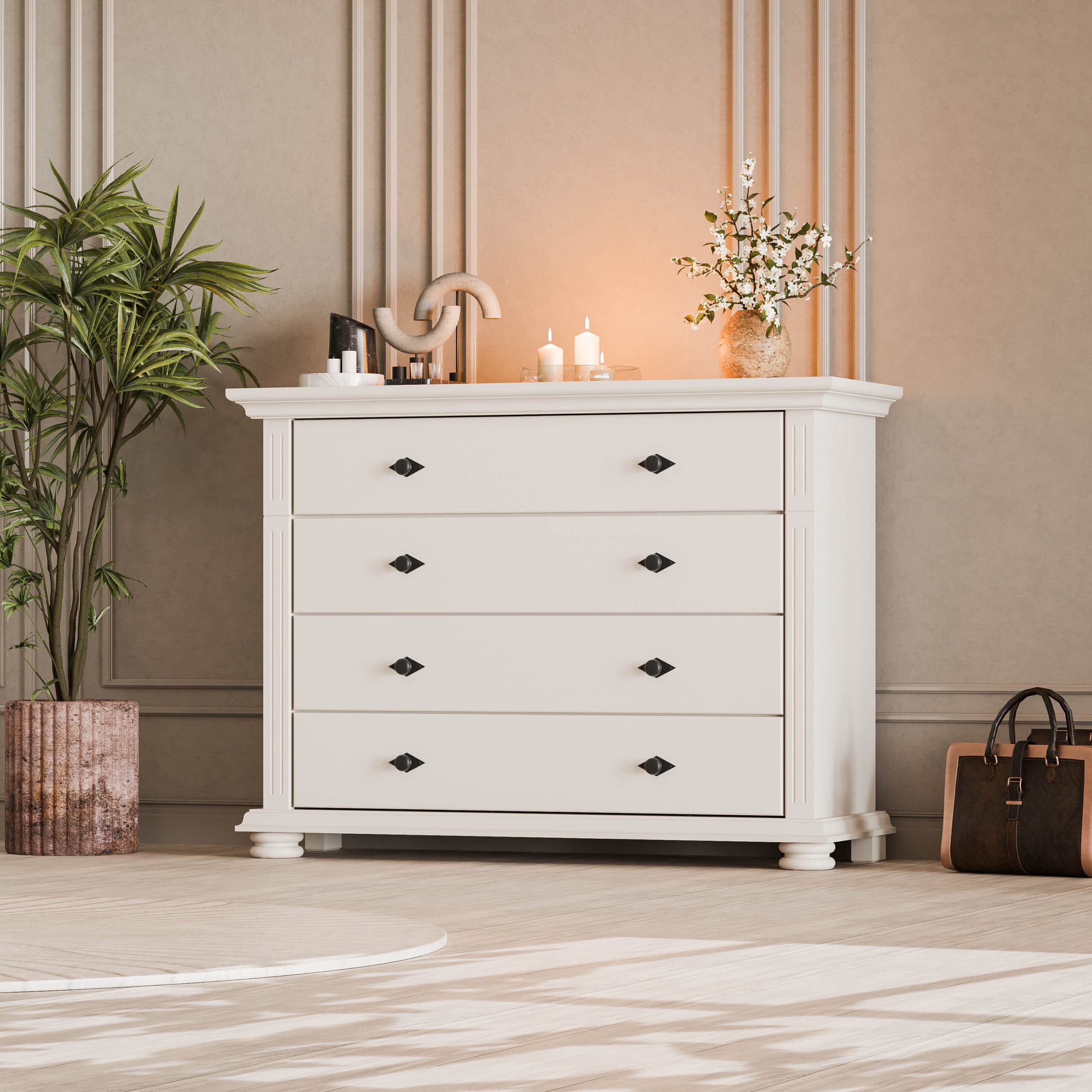Commode Skagen en bois massif à 4 tiroirs, beige cachemire