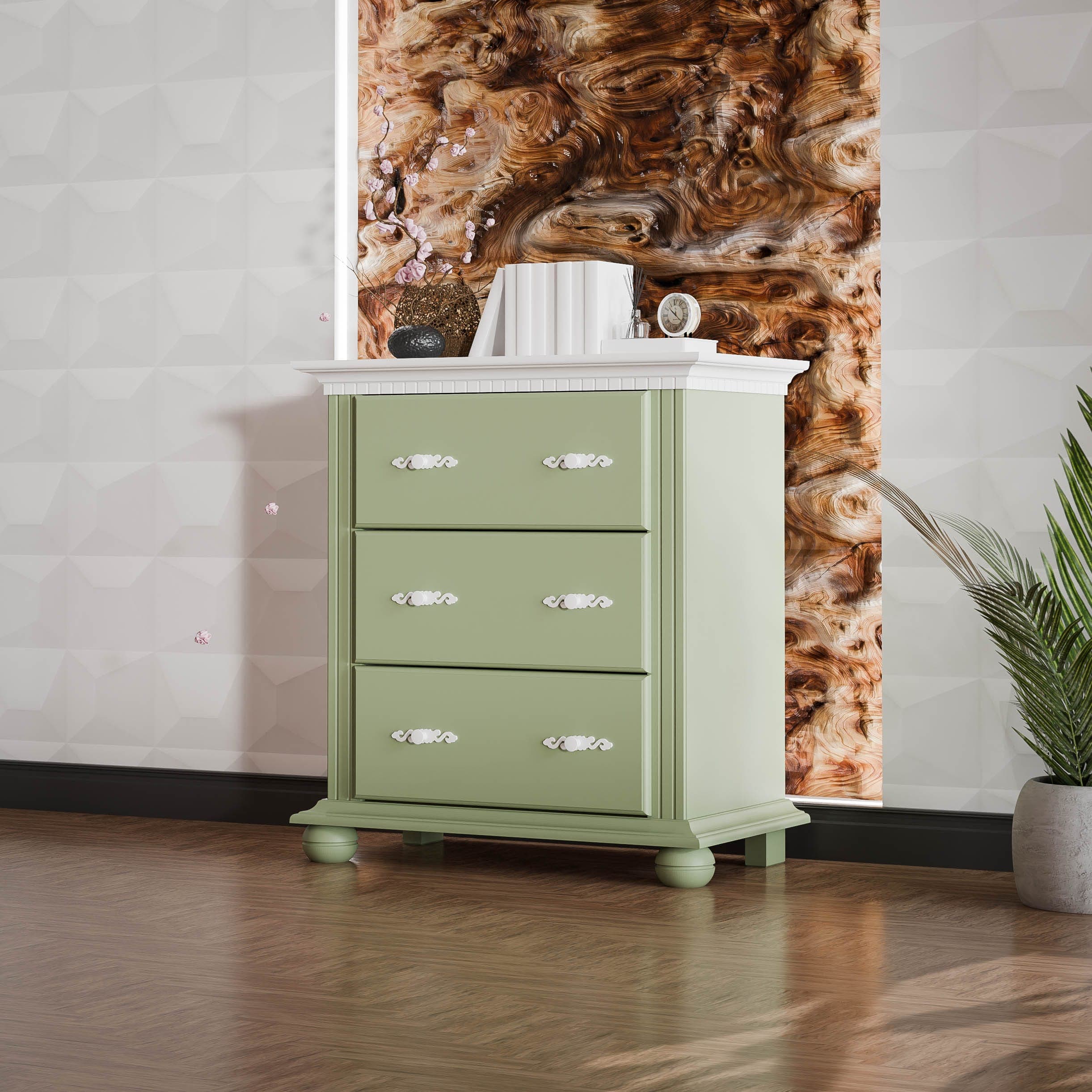 Commode « Fjord » à 3 tiroirs en bois massif, couleur sauge