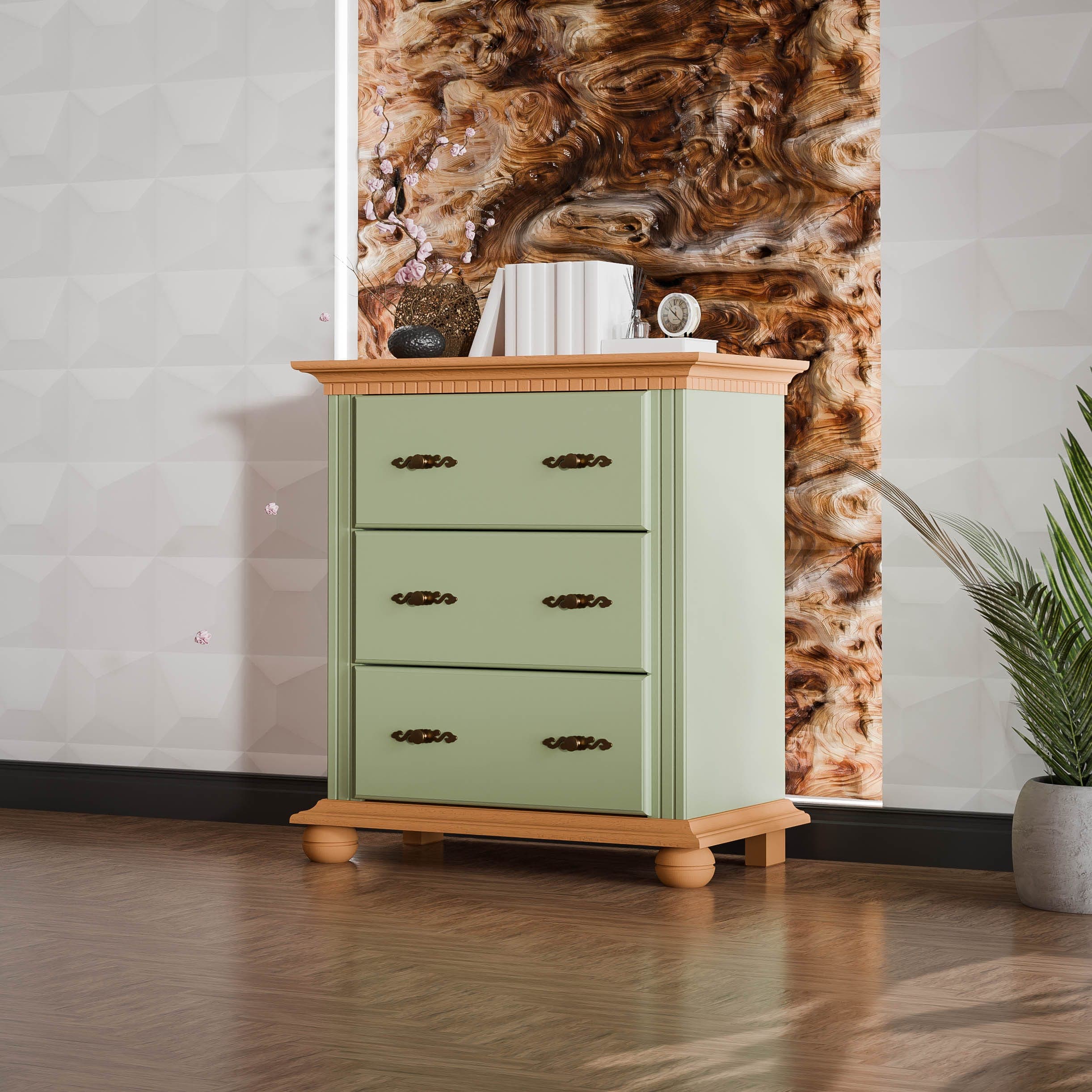 Commode « Fjord » à 3 tiroirs en bois massif, couleur sauge