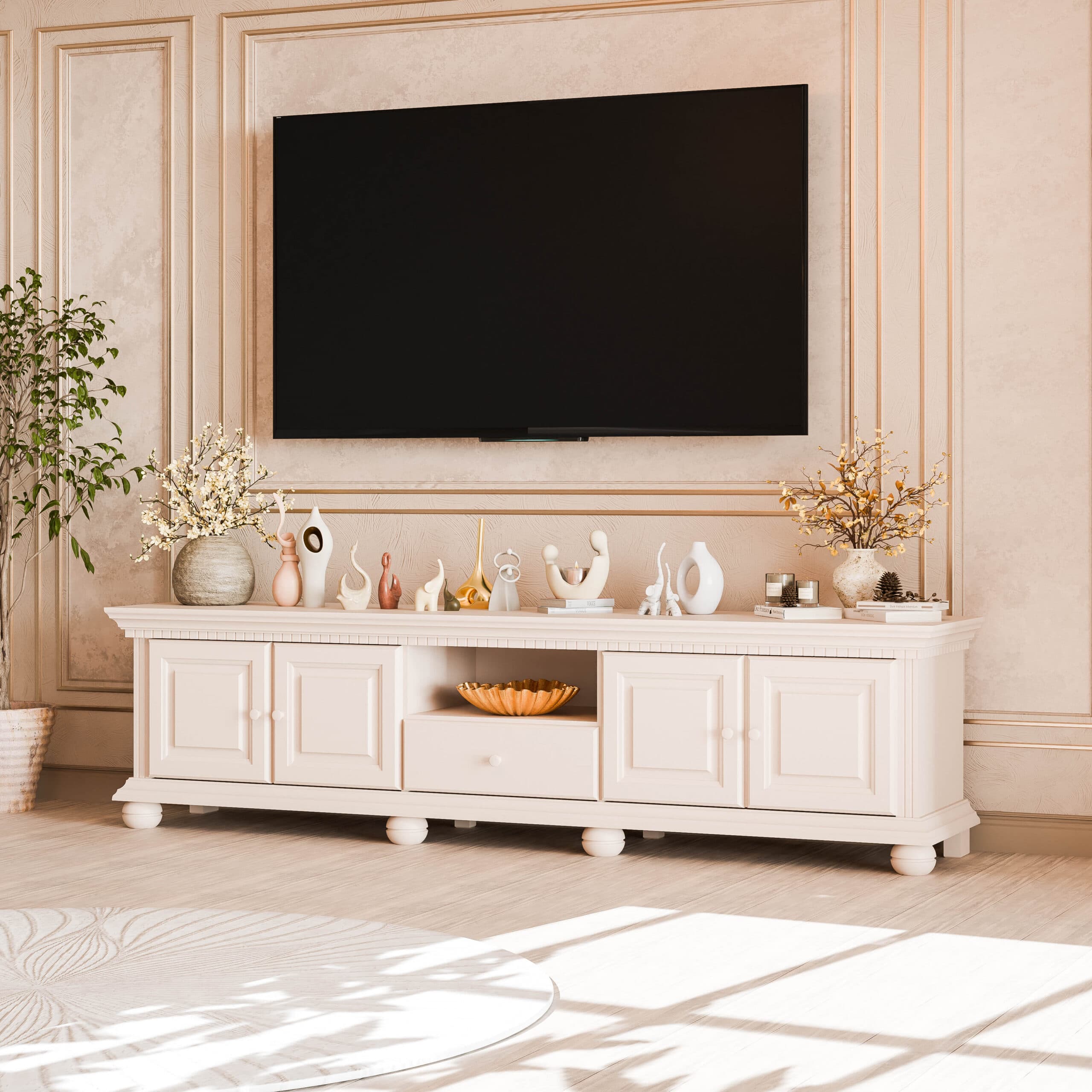 Meuble TV Fjord 200 cm en bois massif, beige poudré