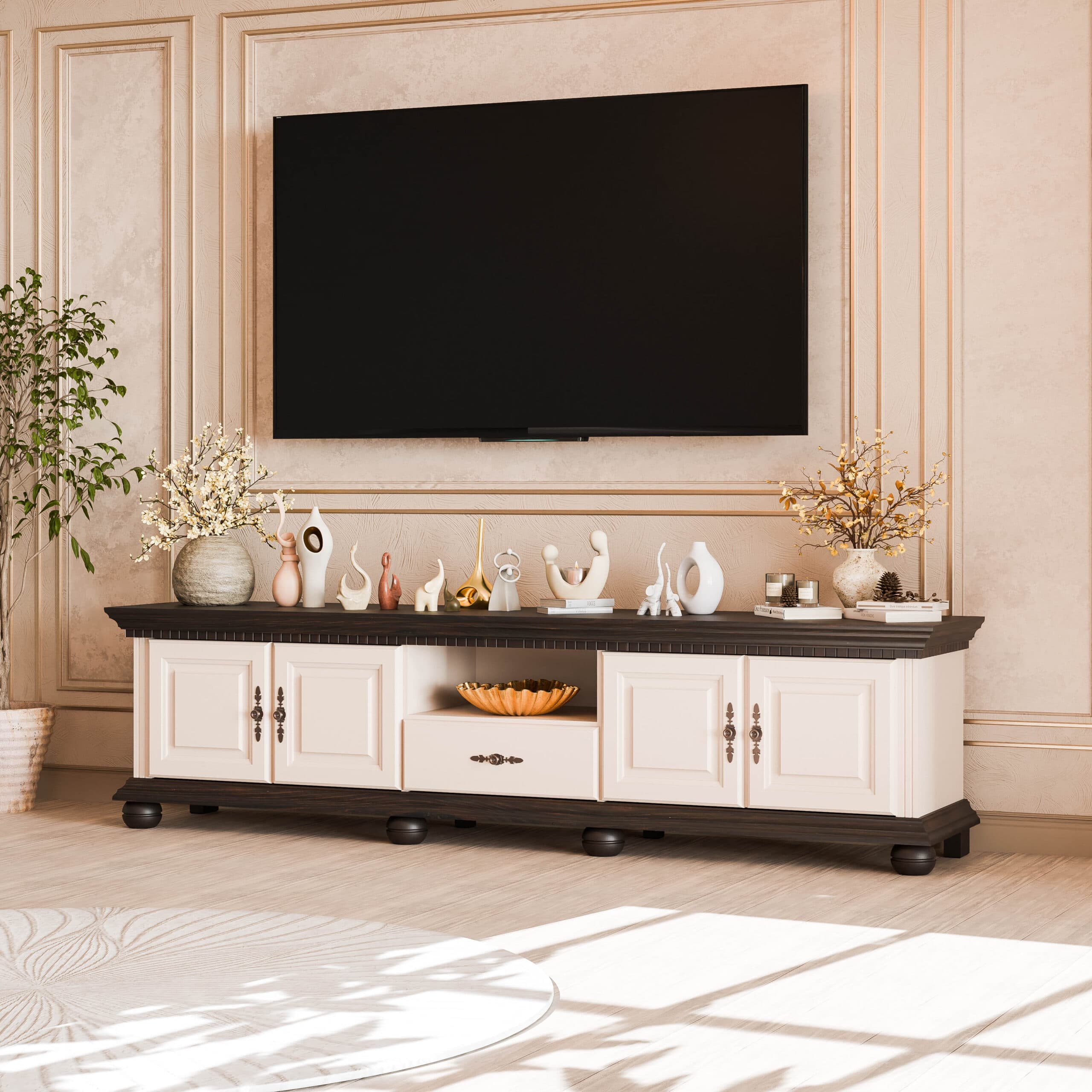 Meuble TV Fjord 200 cm en bois massif, beige poudré
