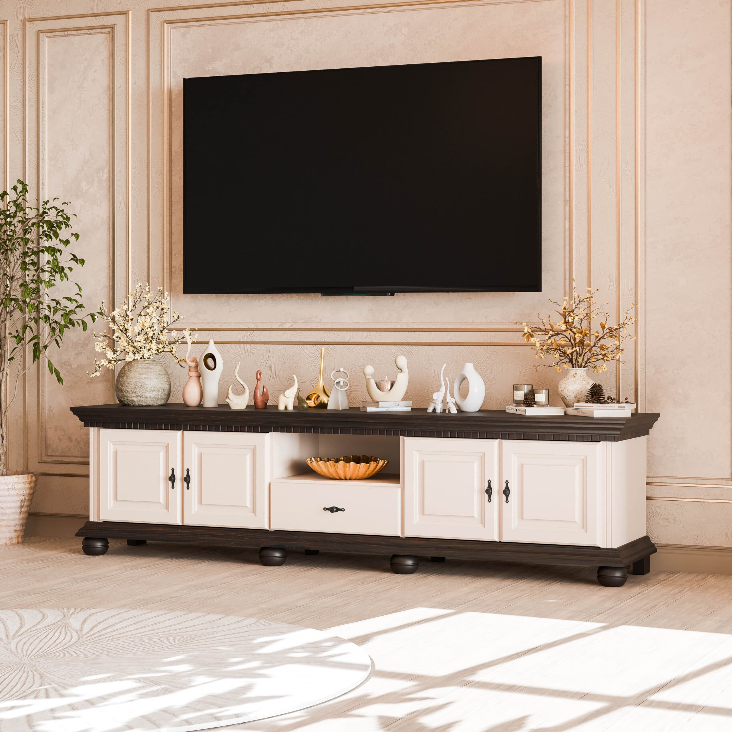 Meuble TV Fjord 200 cm en bois massif, beige poudré