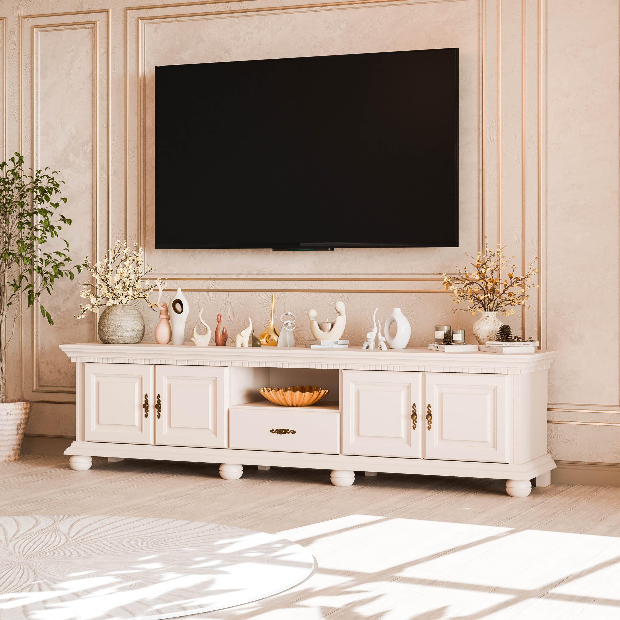 Meuble TV Fjord 200 cm en bois massif, beige poudré