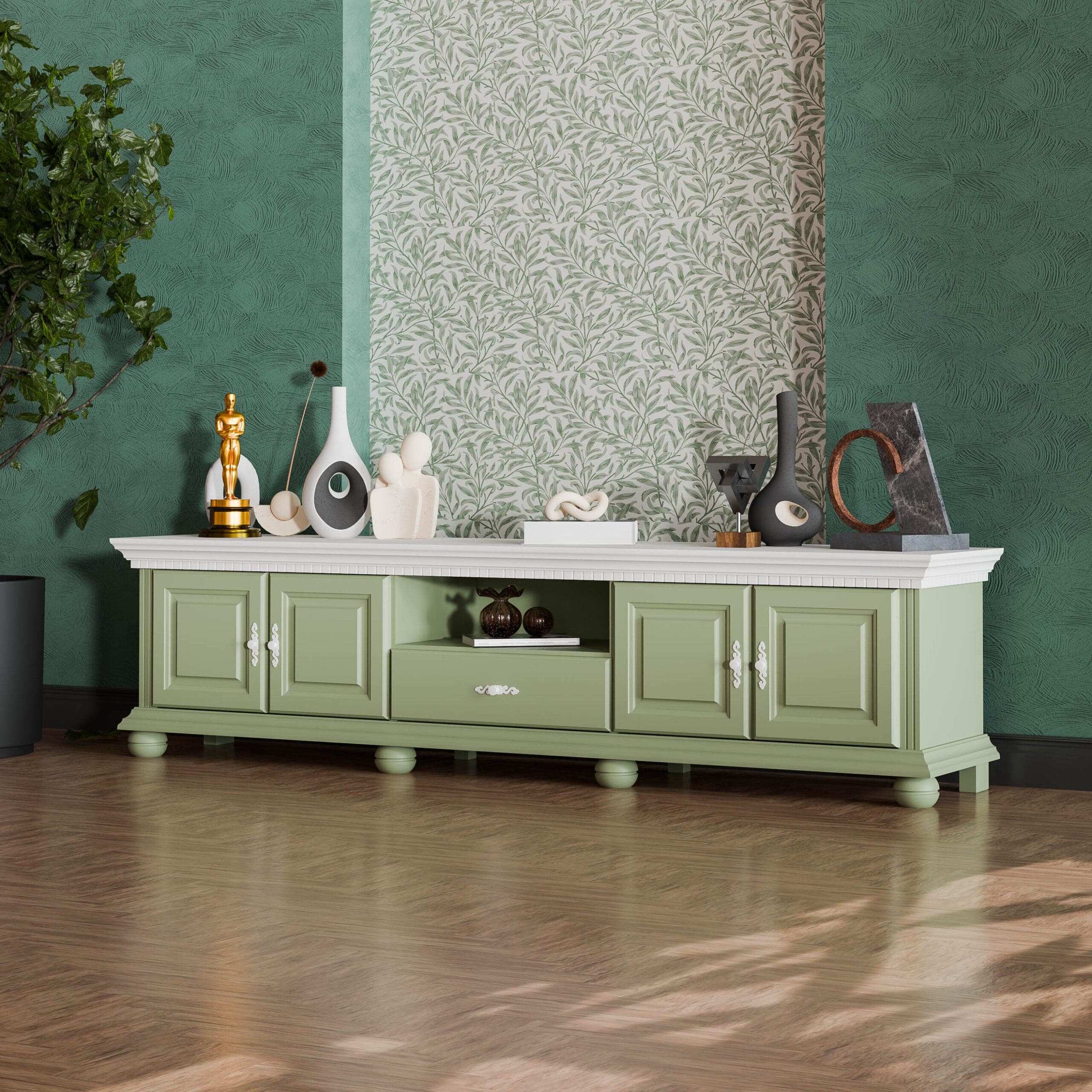 Meuble TV Fjord 220 cm en bois massif, couleur sauge