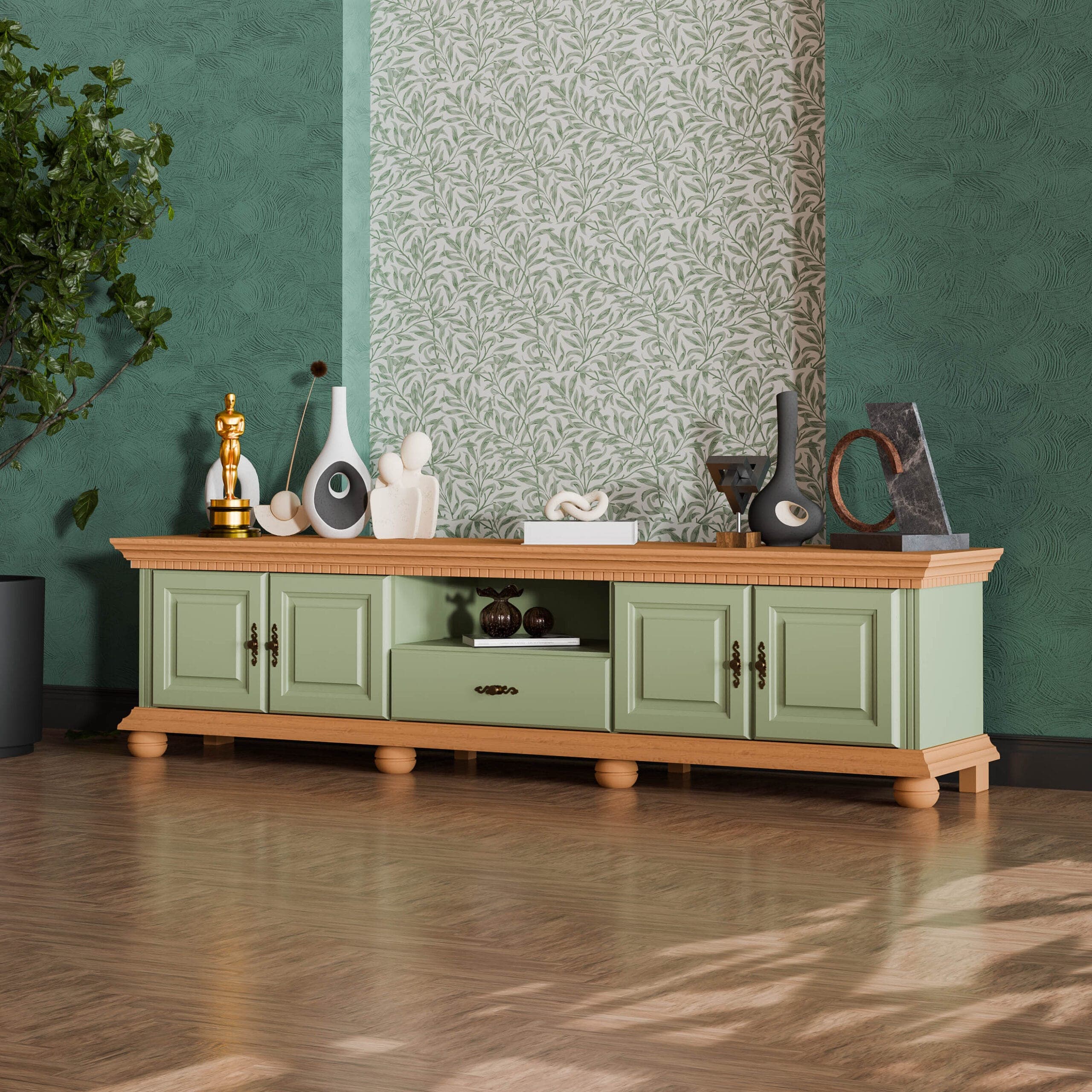 Meuble TV Fjord 220 cm en bois massif, couleur sauge