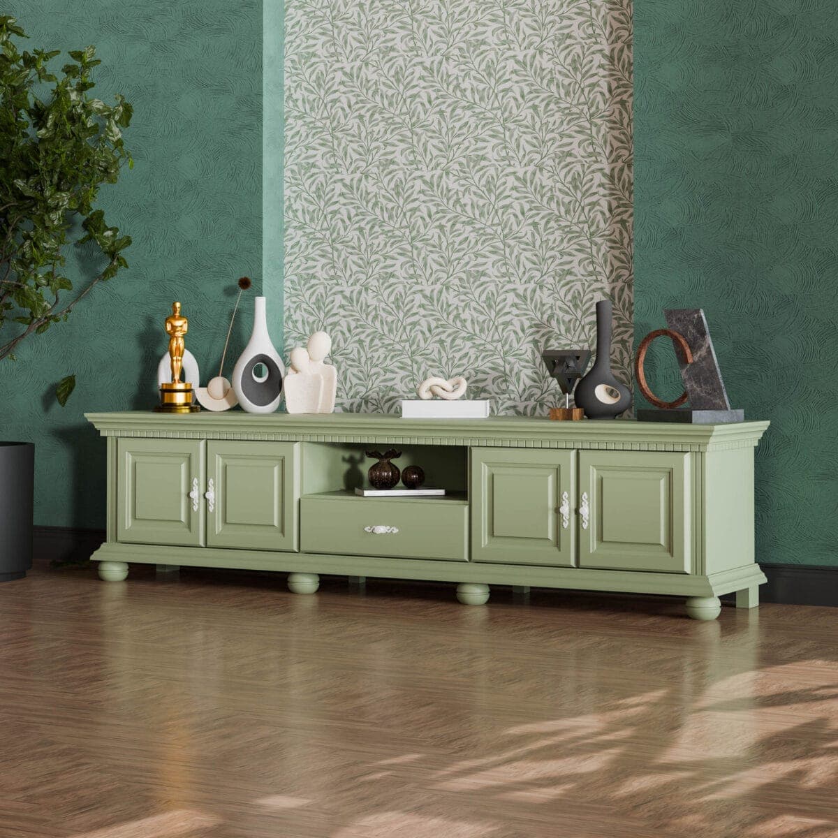 Meuble TV Fjord 220 cm en bois massif, couleur sauge