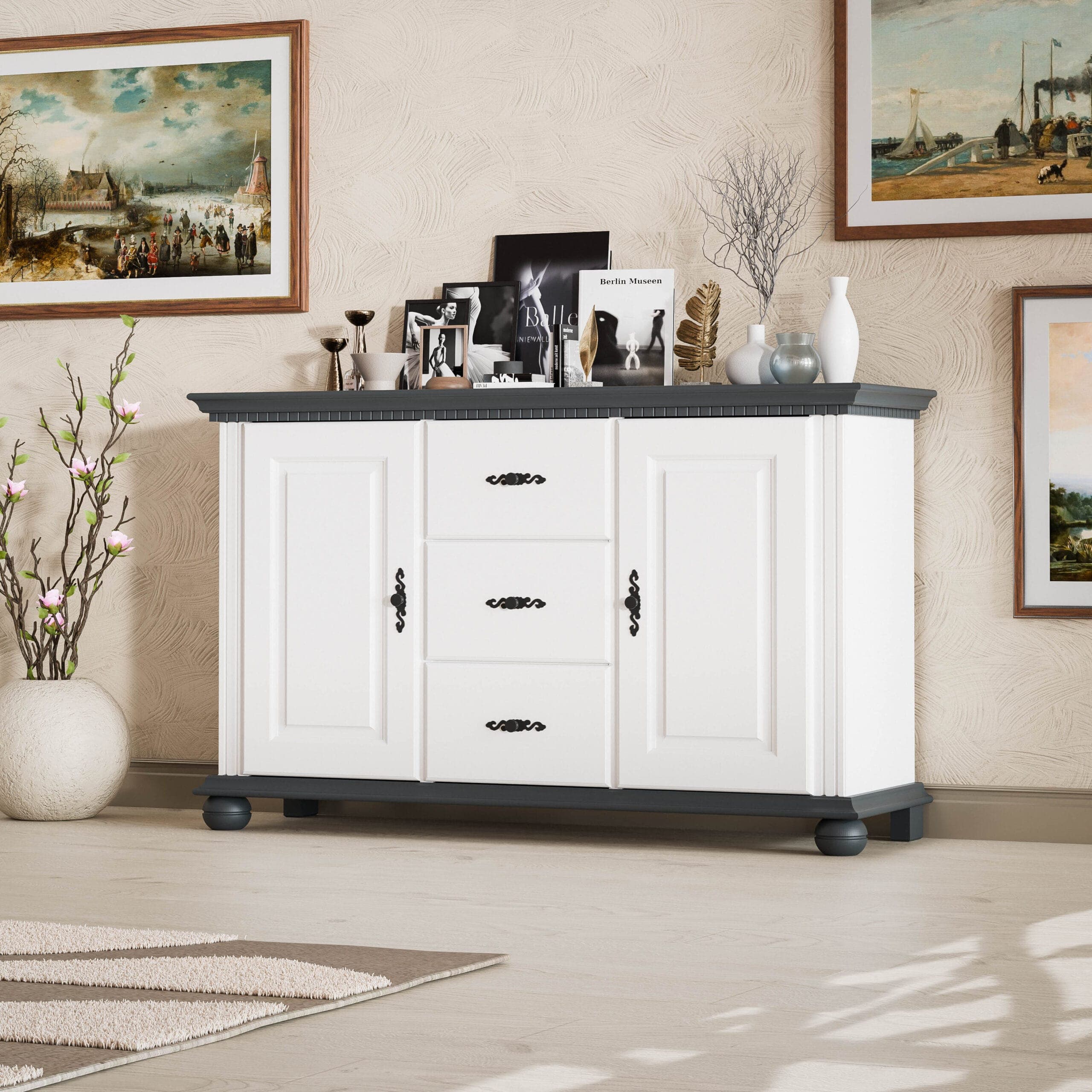 Commode en bois massif « Fjord » avec 2 portes et 3 tiroirs