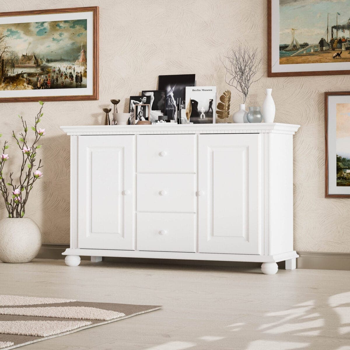 Commode en bois massif « Fjord » avec 2 portes et 3 tiroirs