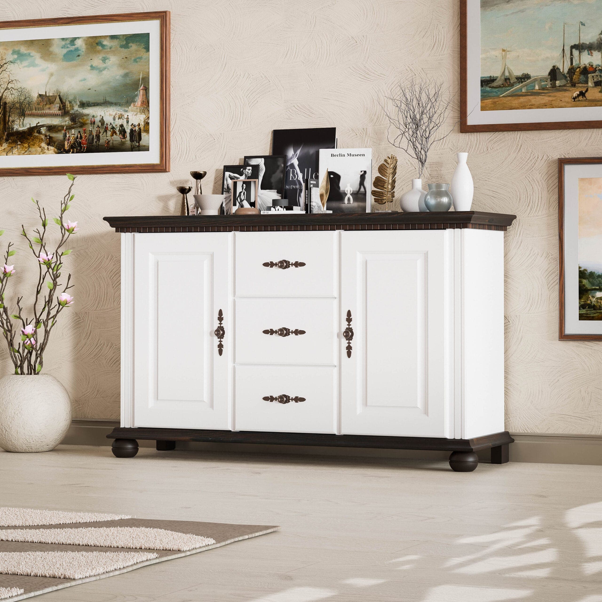 Commode en bois massif « Fjord » avec 2 portes et 3 tiroirs