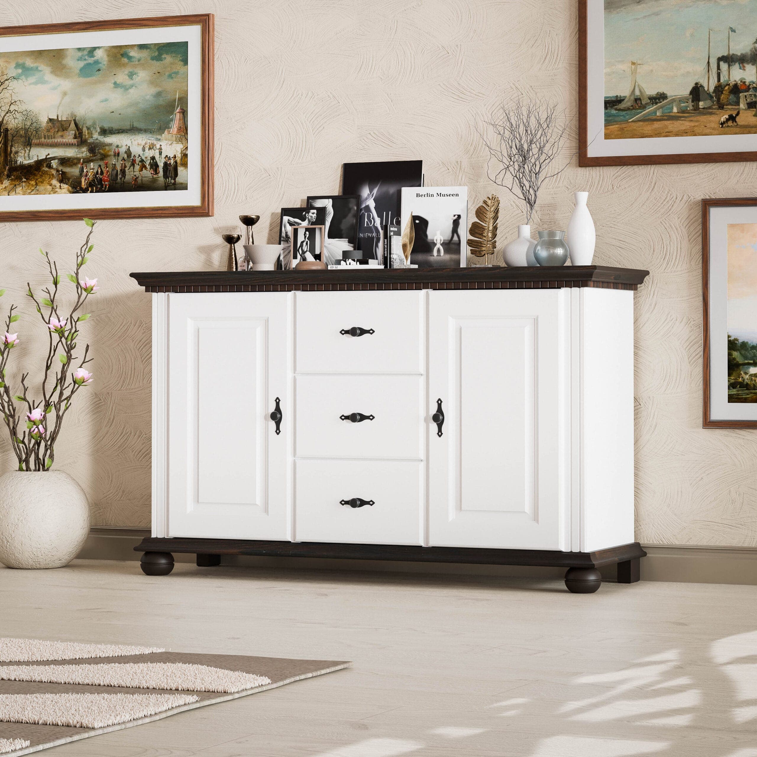 Commode en bois massif « Fjord » avec 2 portes et 3 tiroirs