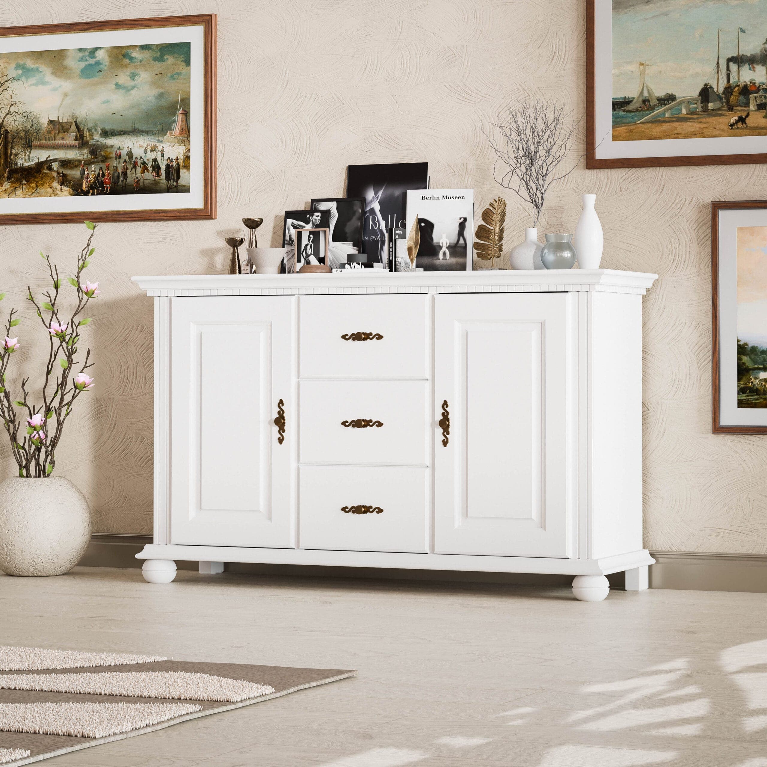 Commode en bois massif « Fjord » avec 2 portes et 3 tiroirs