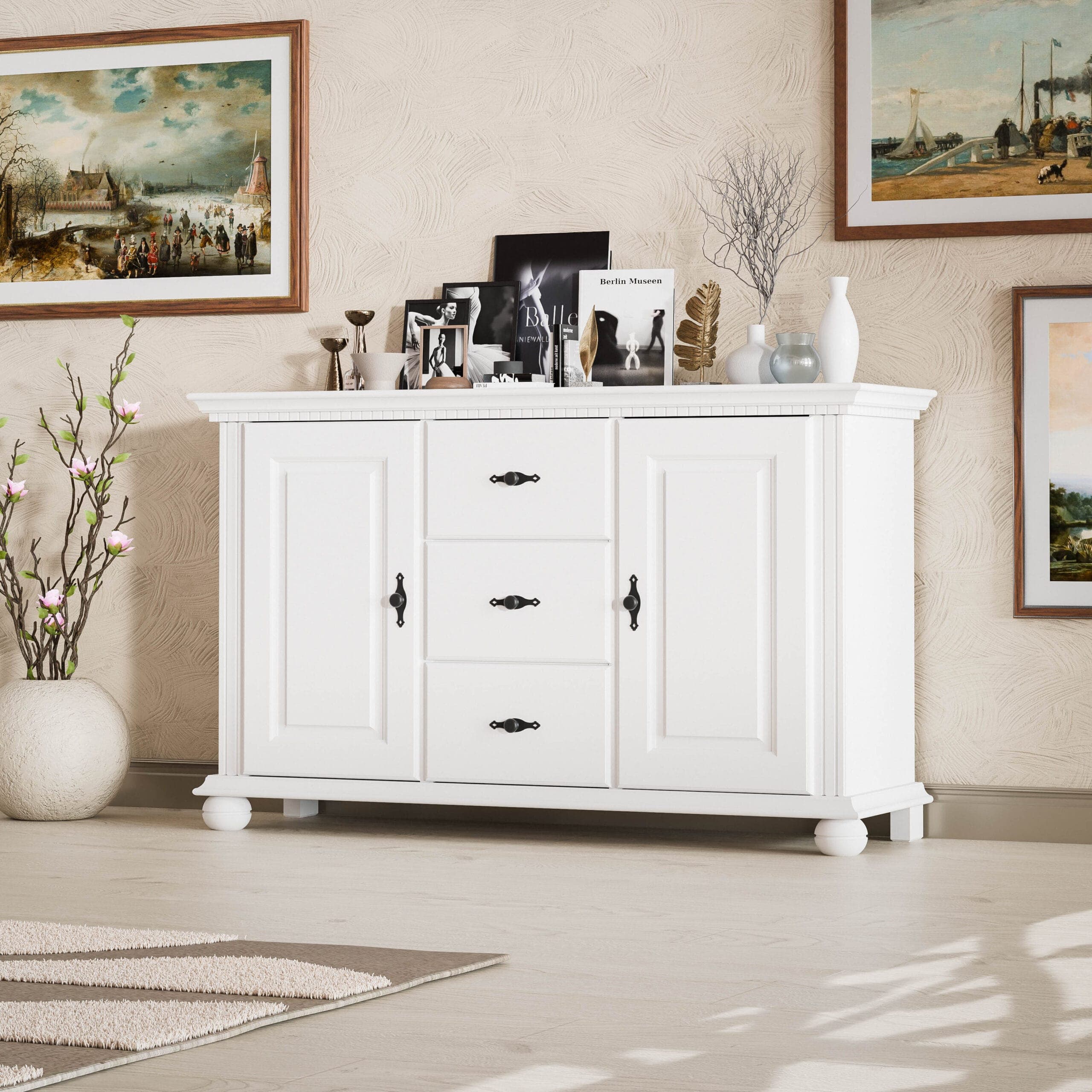 Commode en bois massif « Fjord » avec 2 portes et 3 tiroirs