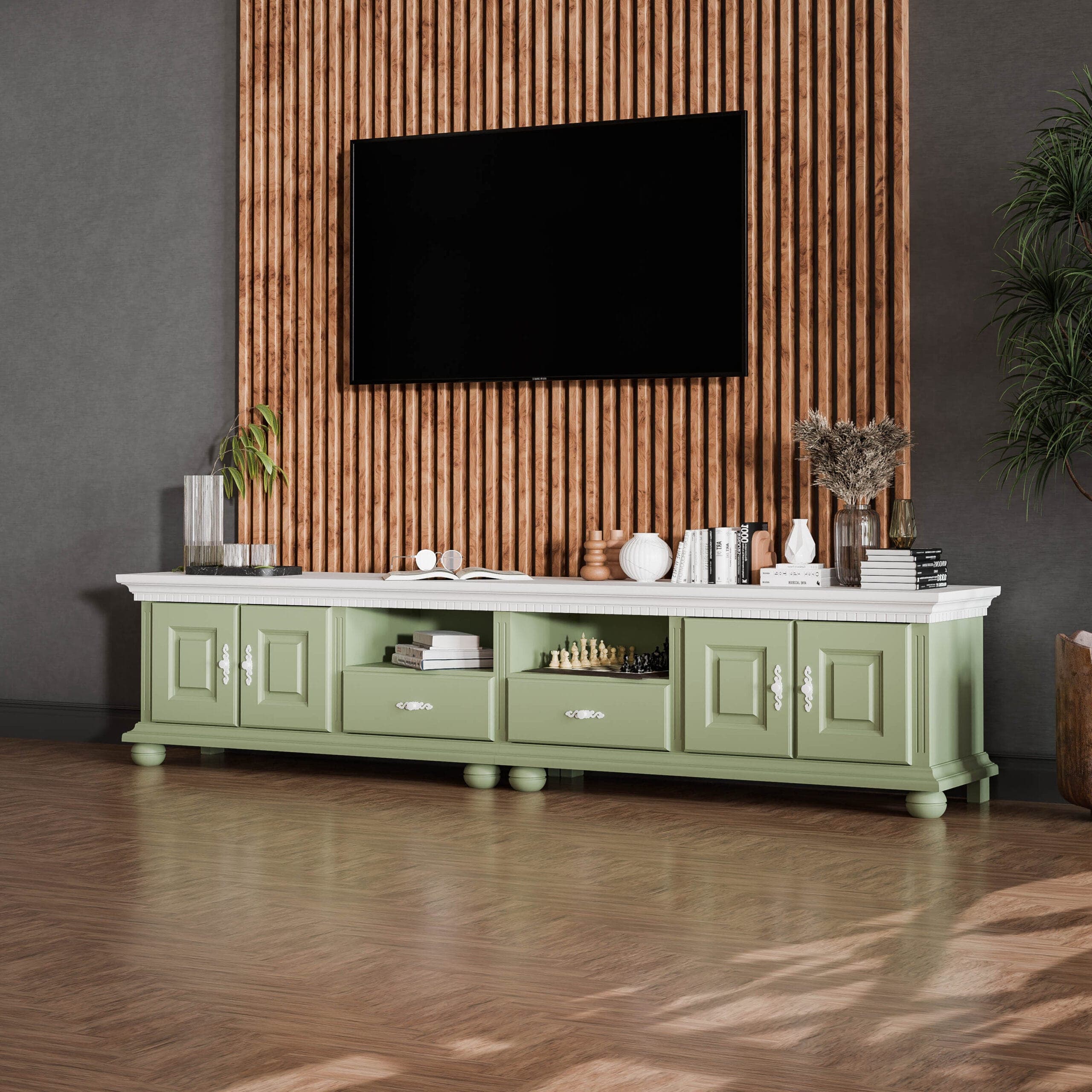 Meuble TV Fjord 250 cm en bois massif, couleur sauge
