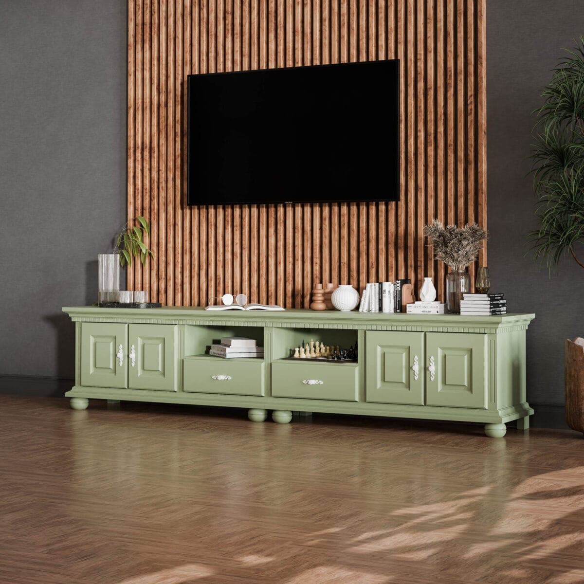 Meuble TV Fjord 250 cm en bois massif, couleur sauge