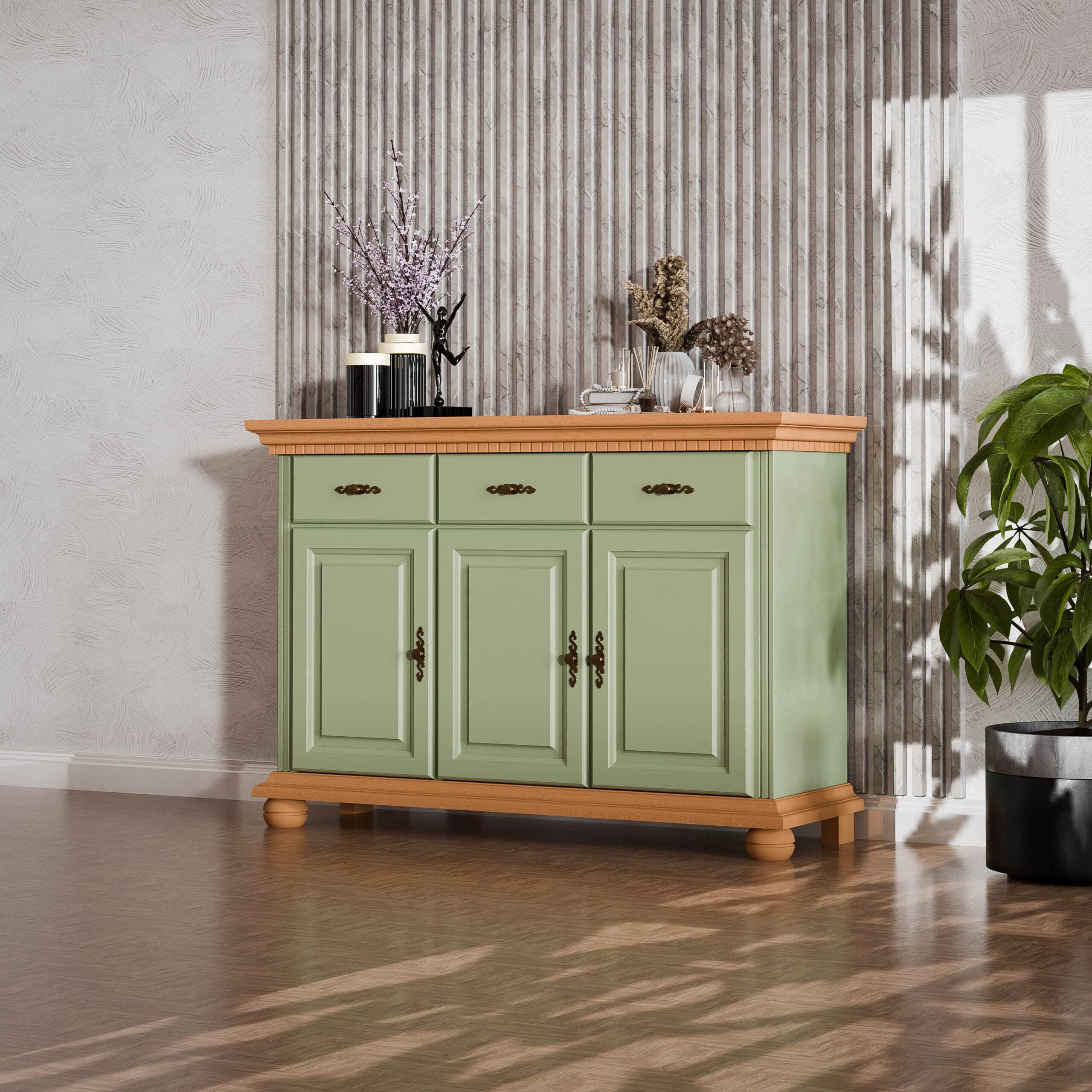 Buffet en bois massif « Fjord Salbei », 3 portes, 3 tiroirs