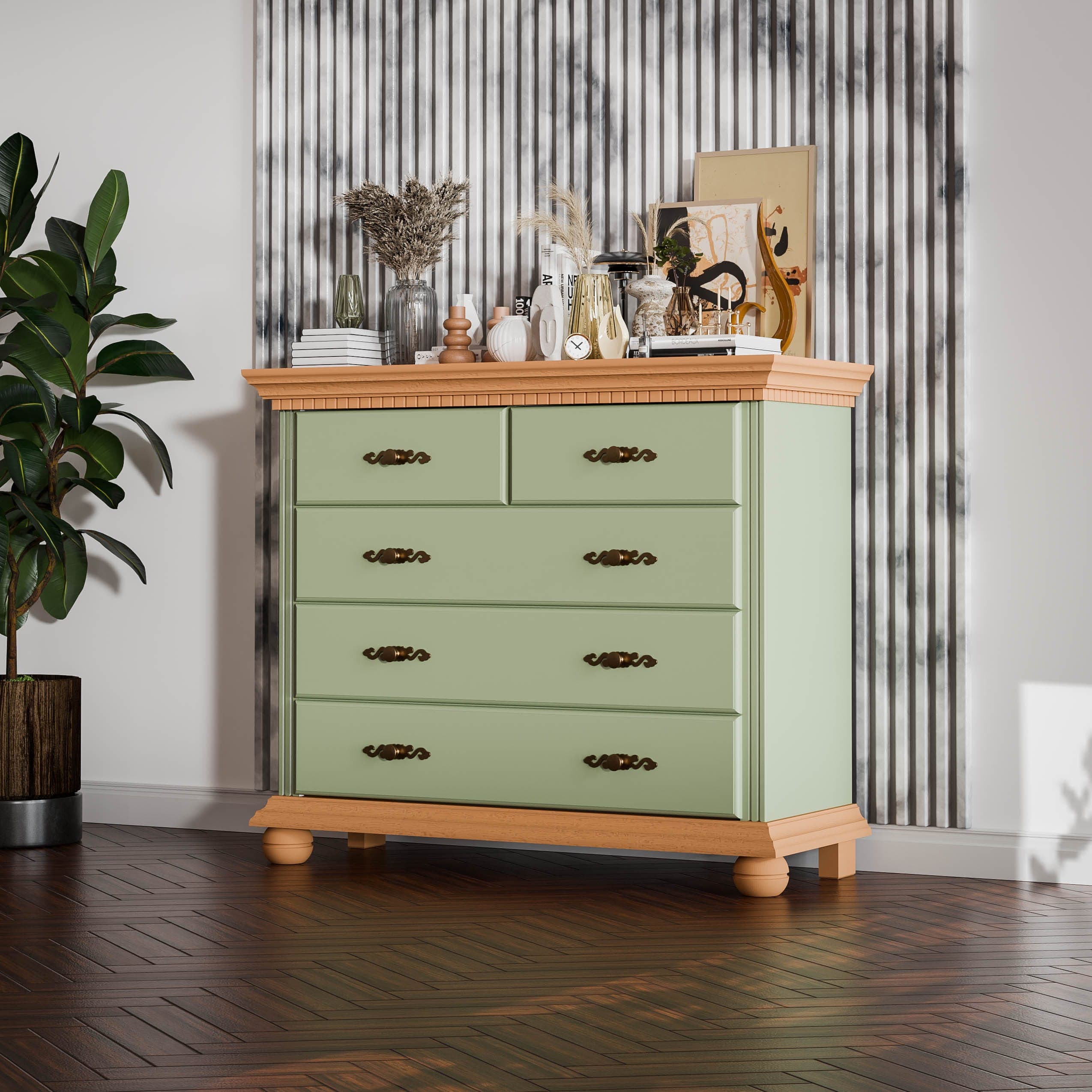 Commode en bois massif « Fjord Salbei » à 5 tiroirs