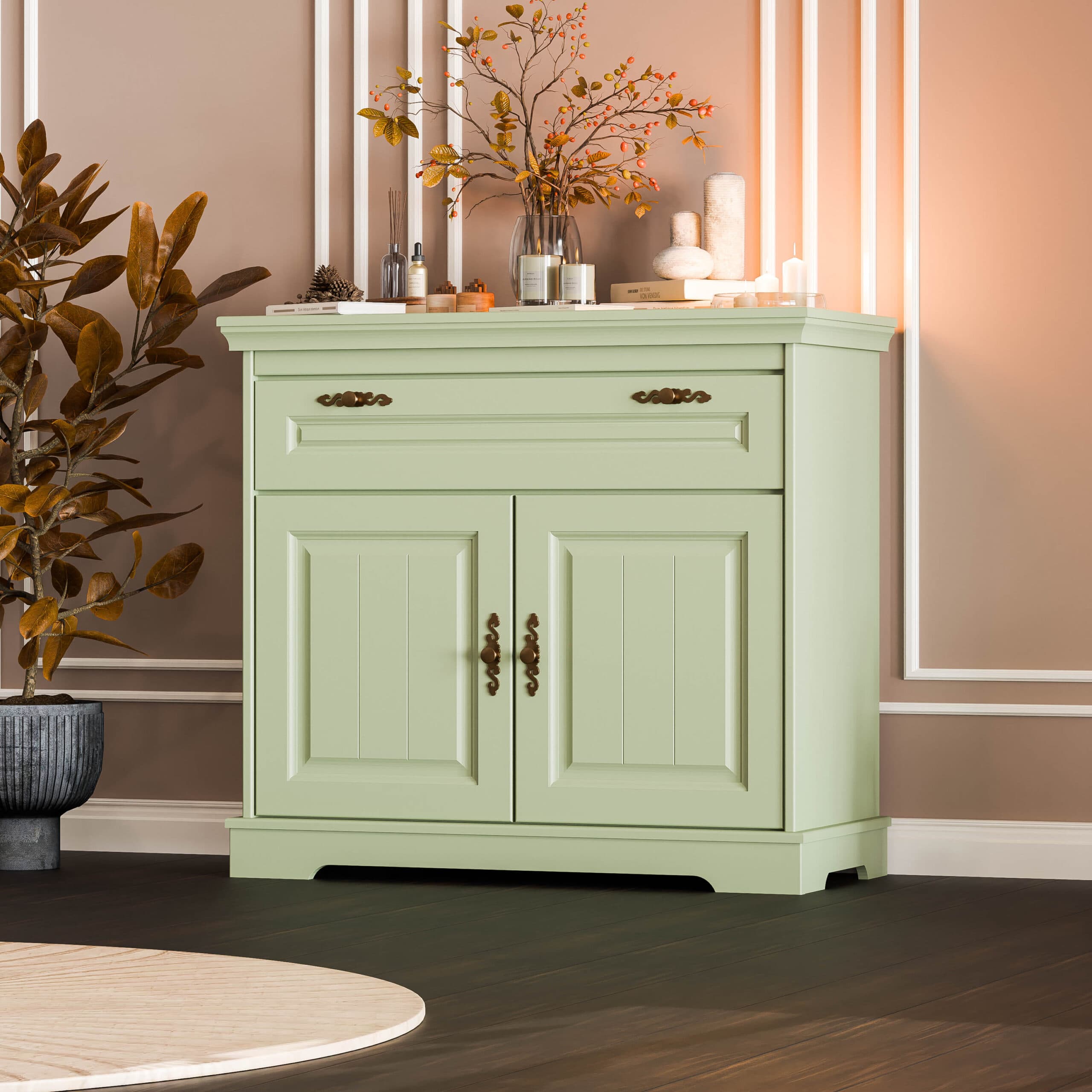 Commode Linnea « Sauge » en bois massif, avec 2 portes et 1 tiroir