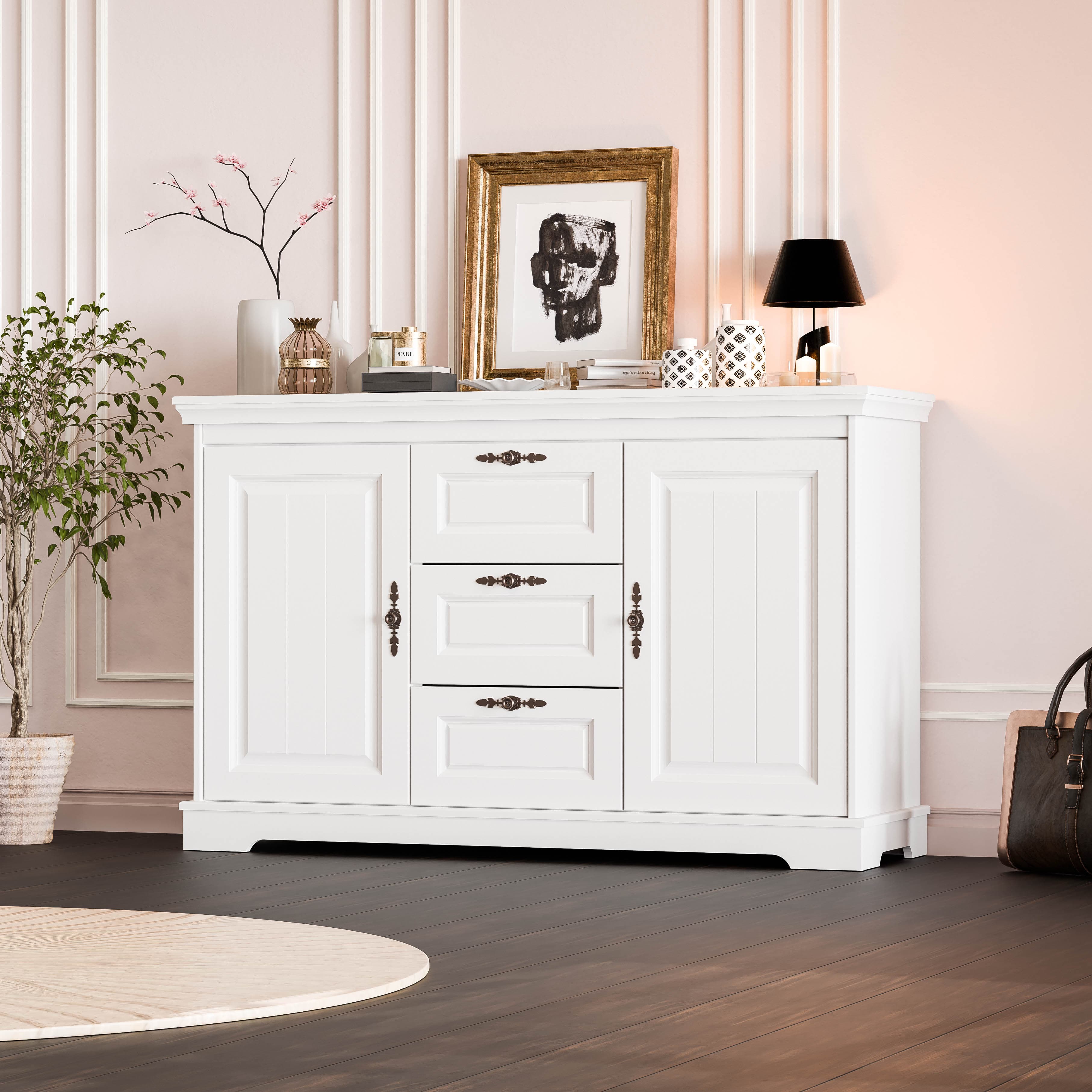 Commode Linnea en bois massif, 2 portes, 3 tiroirs