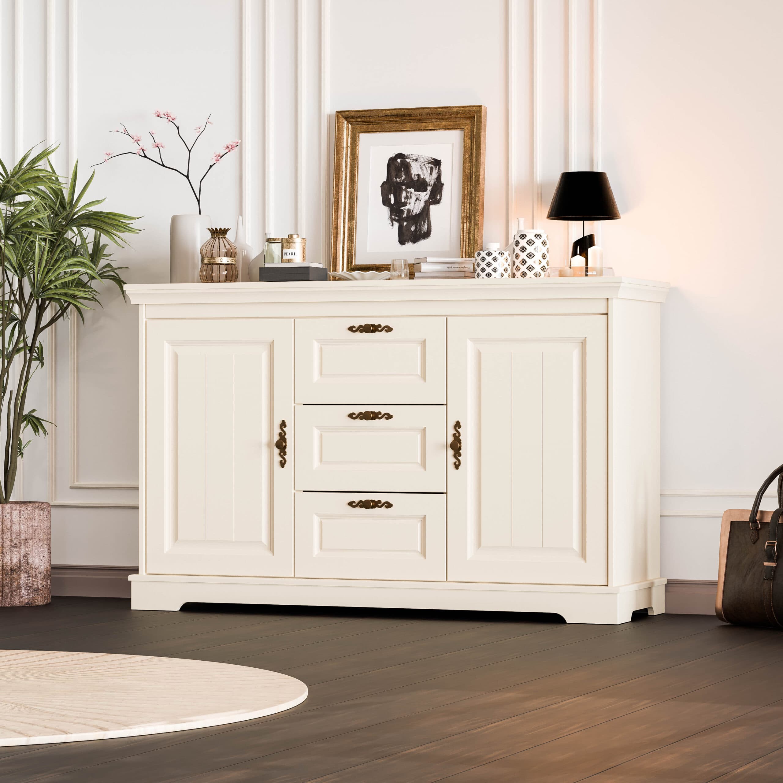 Commode en bois massif Linnea Vanille, 150 cm, 2 portes et 3 tiroirs
