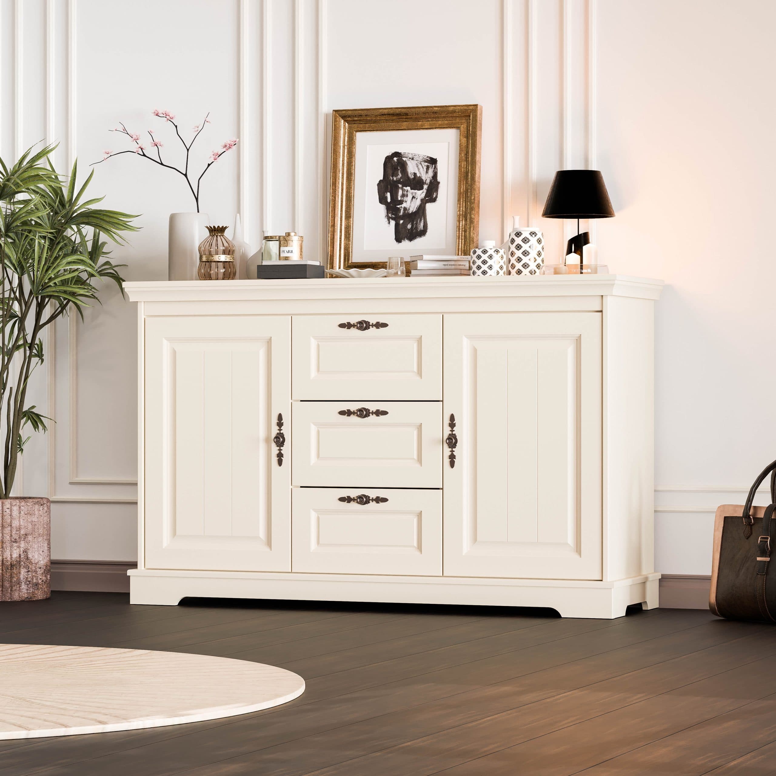 Commode en bois massif Linnea Vanille, 150 cm, 2 portes et 3 tiroirs