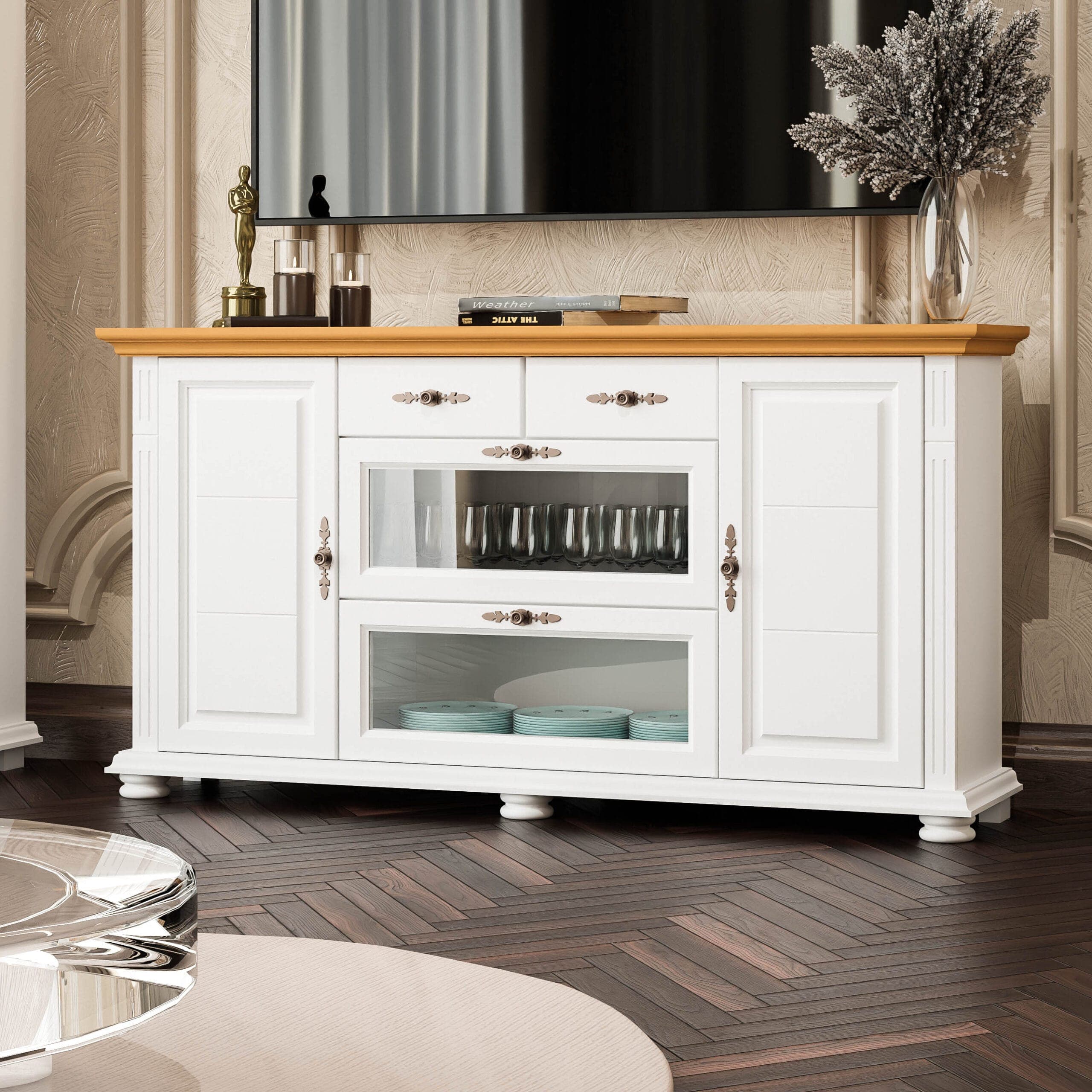 Commode en bois massif Skagen, couleur blanc beurre, pour le salon