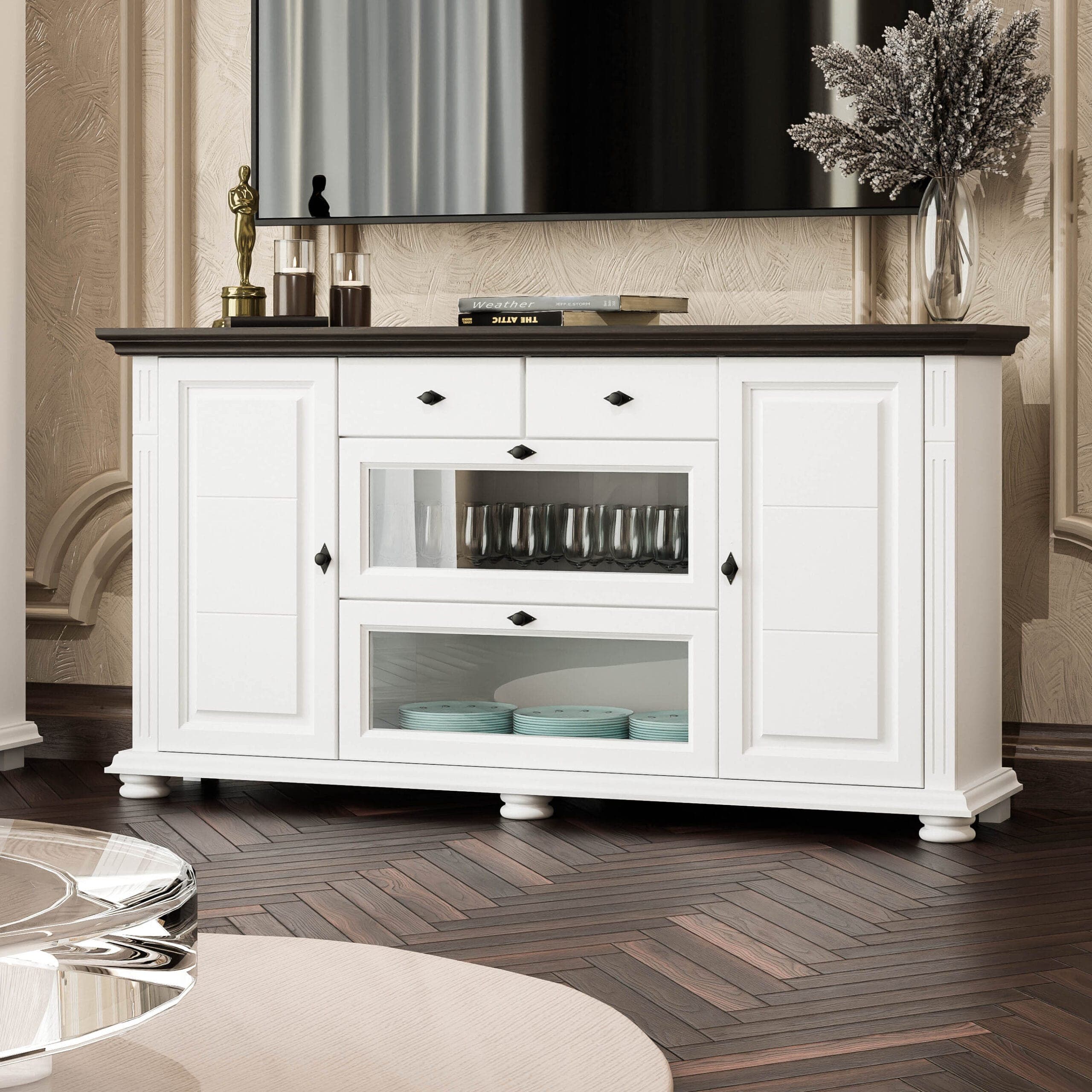 Commode en bois massif Skagen, couleur blanc beurre, pour le salon