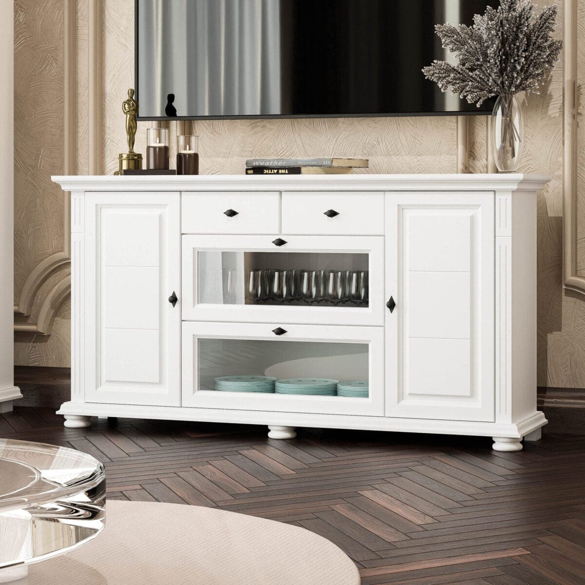 Commode en bois massif Skagen, couleur blanc beurre, pour le salon