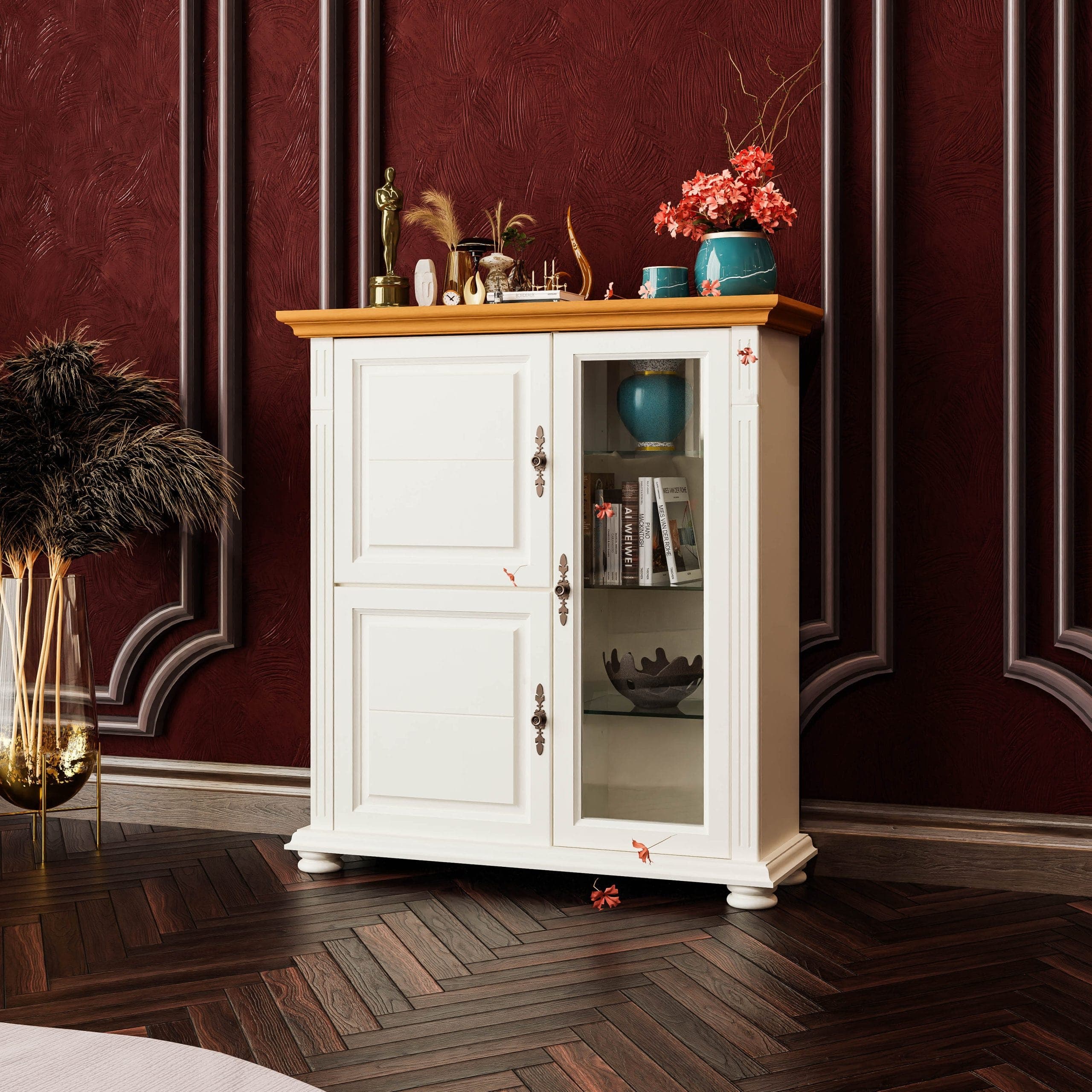 Commode Skagen avec vitrine en bois massif, couleur vanille