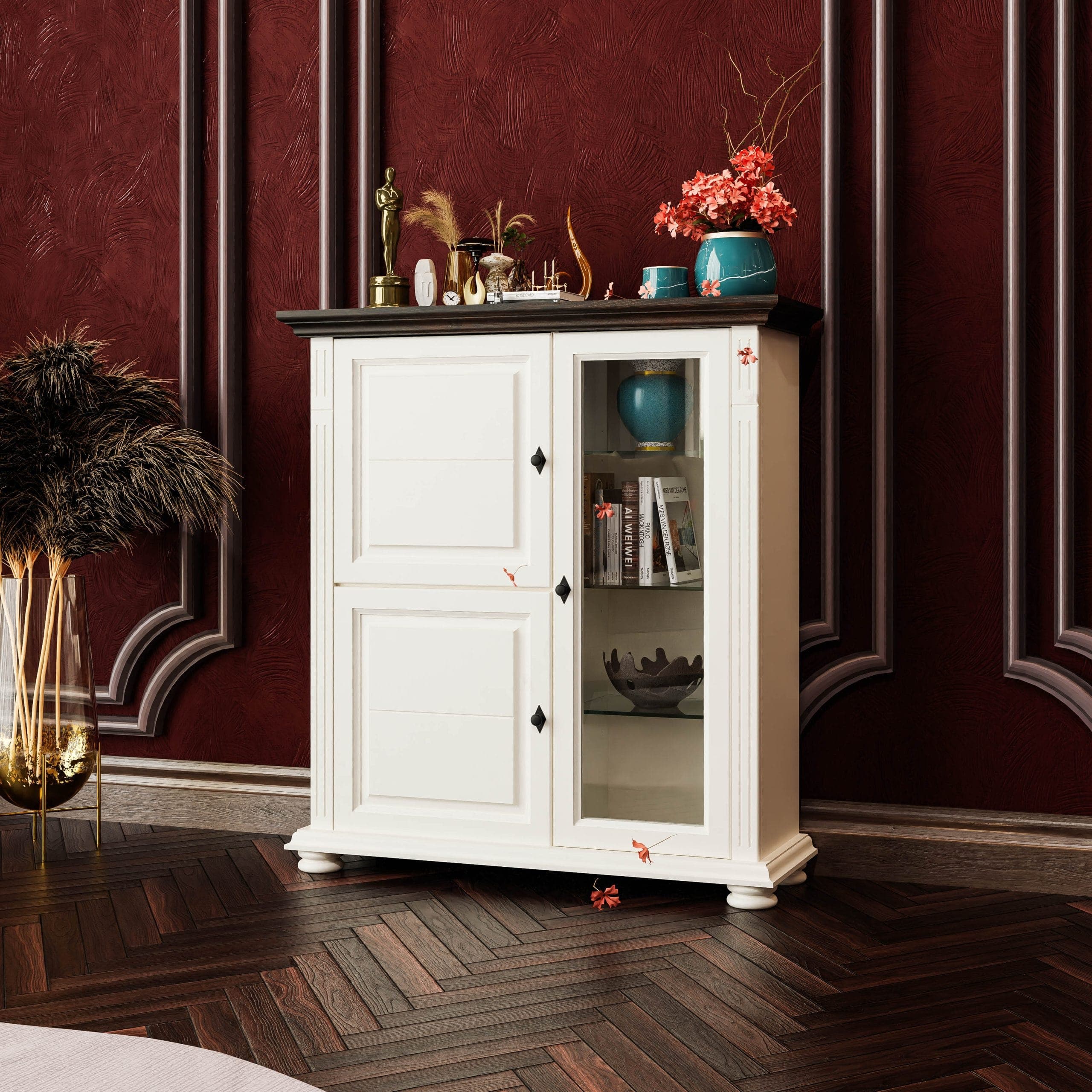 Commode Skagen avec vitrine en bois massif, couleur vanille