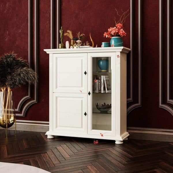 Commode Skagen avec vitrine en bois massif, couleur vanille