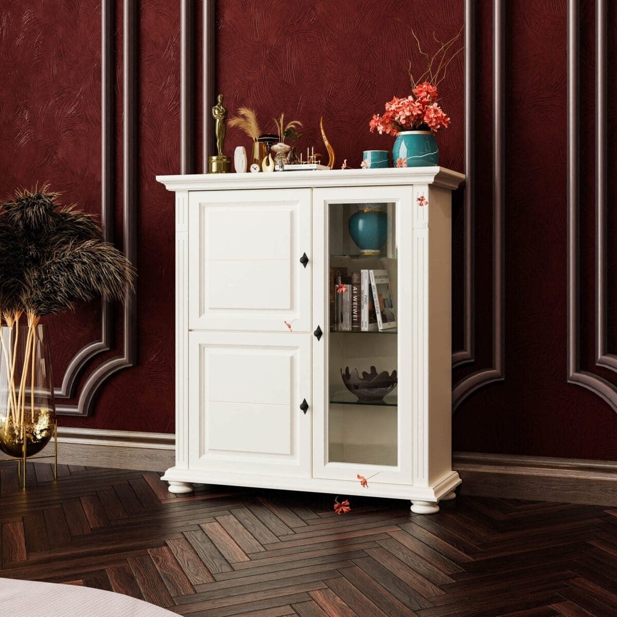 Commode Skagen avec vitrine en bois massif, couleur vanille
