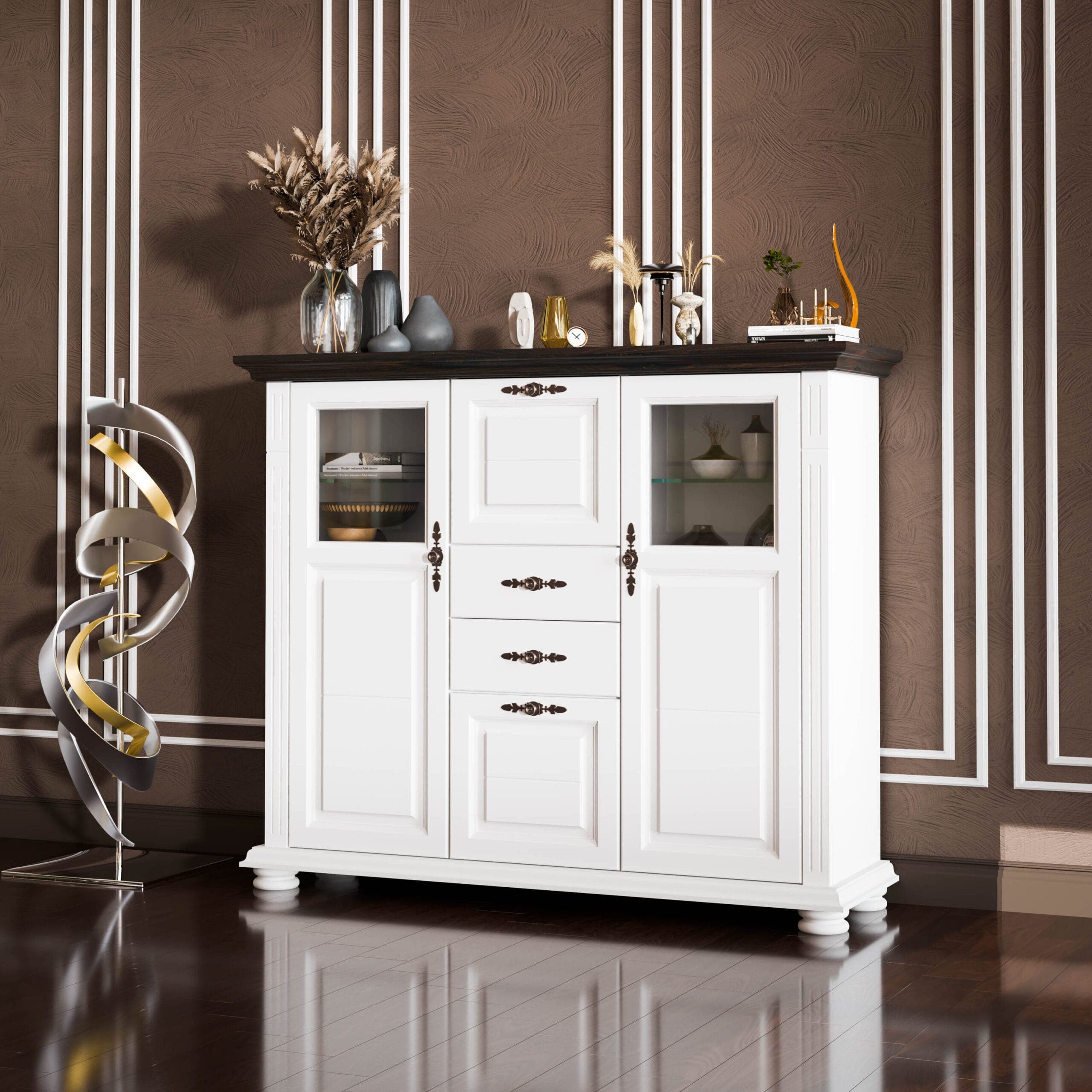 Commode « Skagen » en bois massif avec des étagères en verre