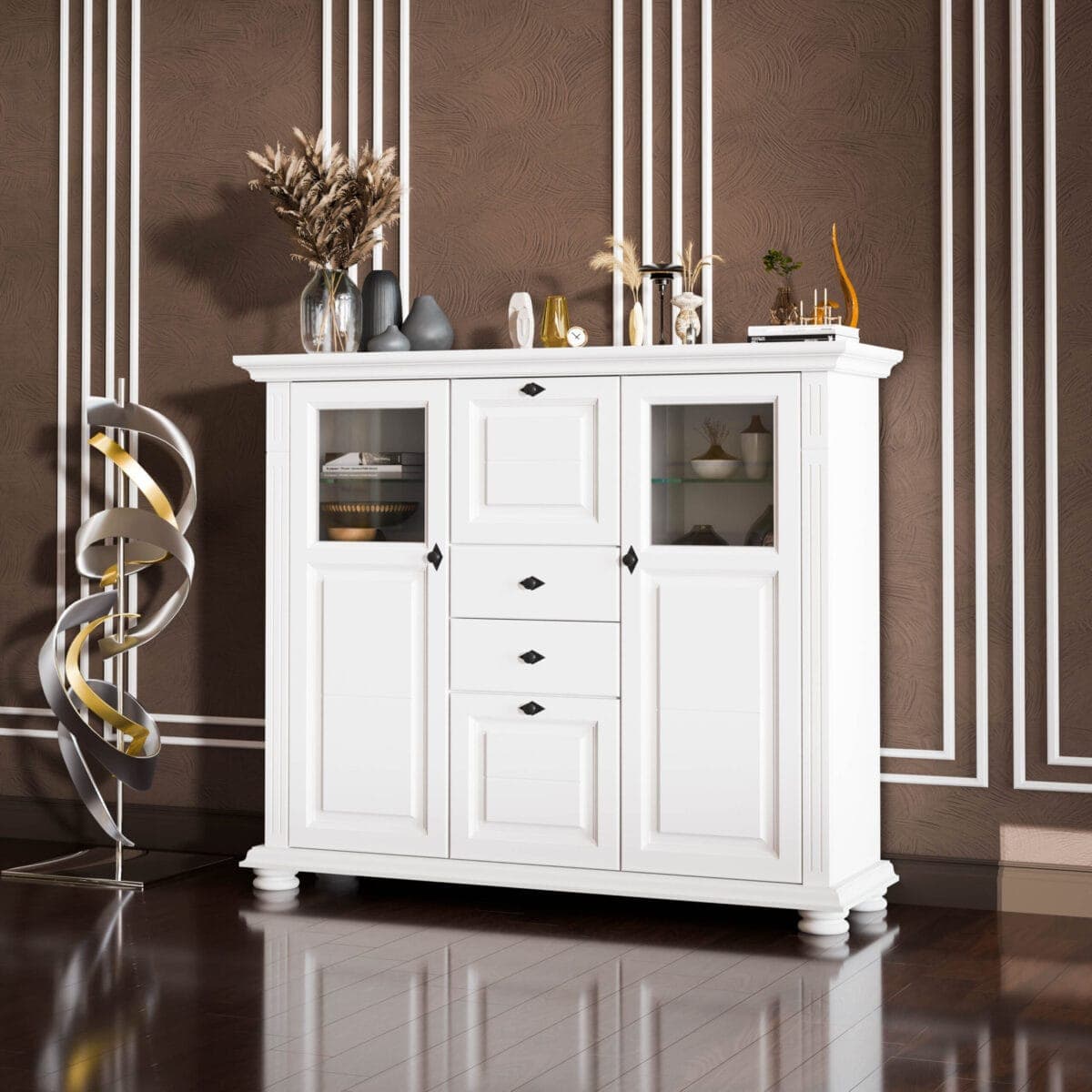 Commode « Skagen » en bois massif avec des étagères en verre