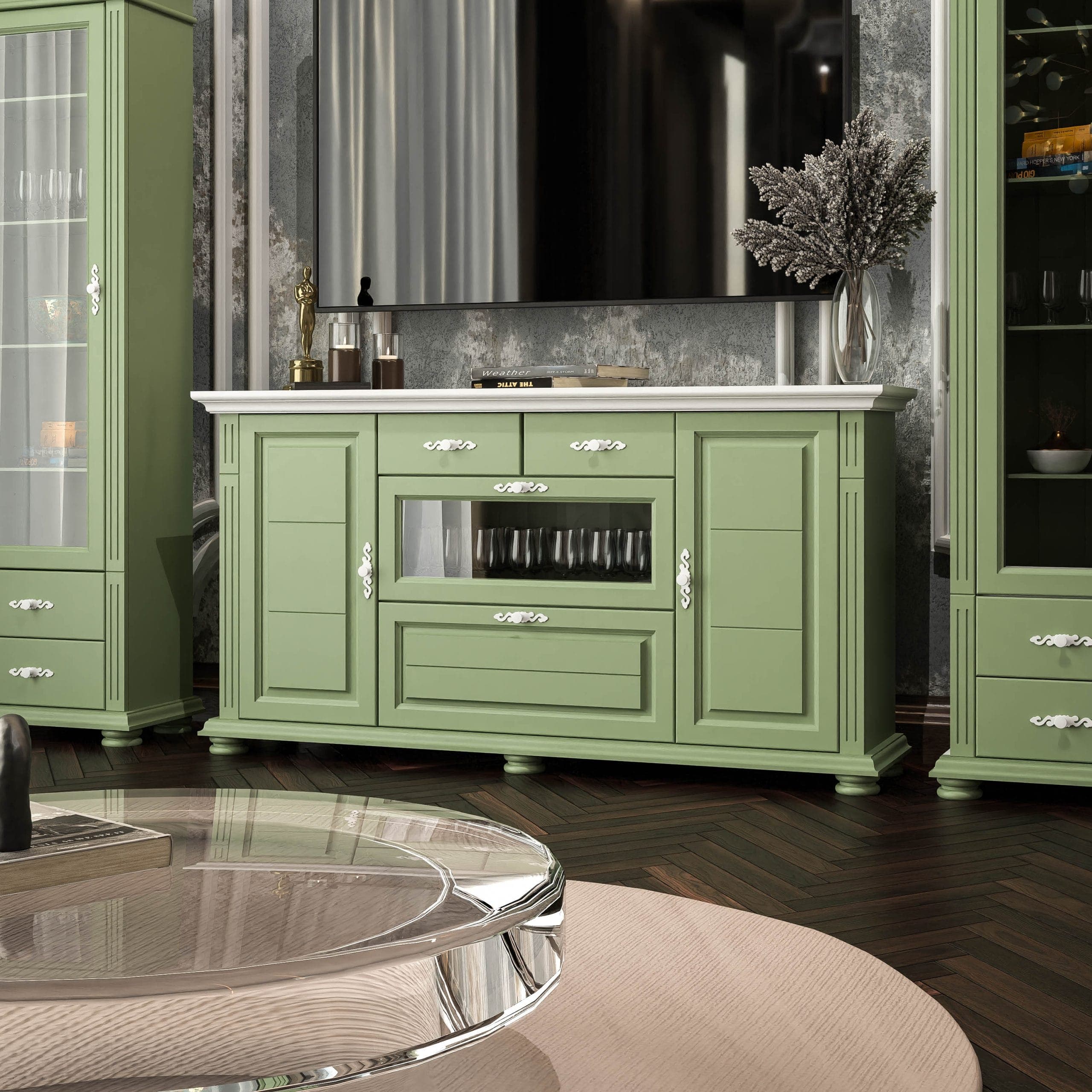 Commode Skagen en bois massif avec plateau couleur sauge