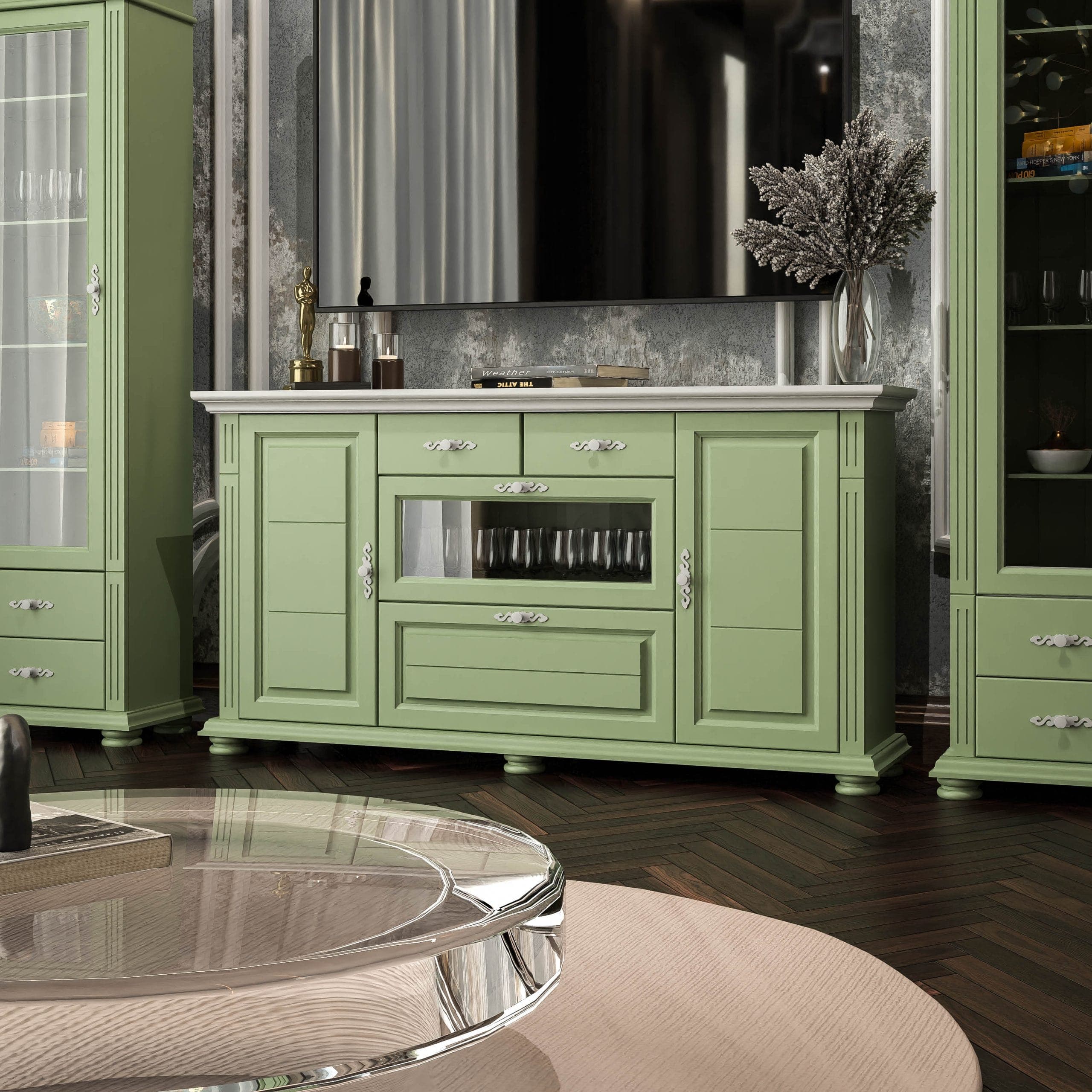 Commode Skagen en bois massif avec plateau couleur sauge