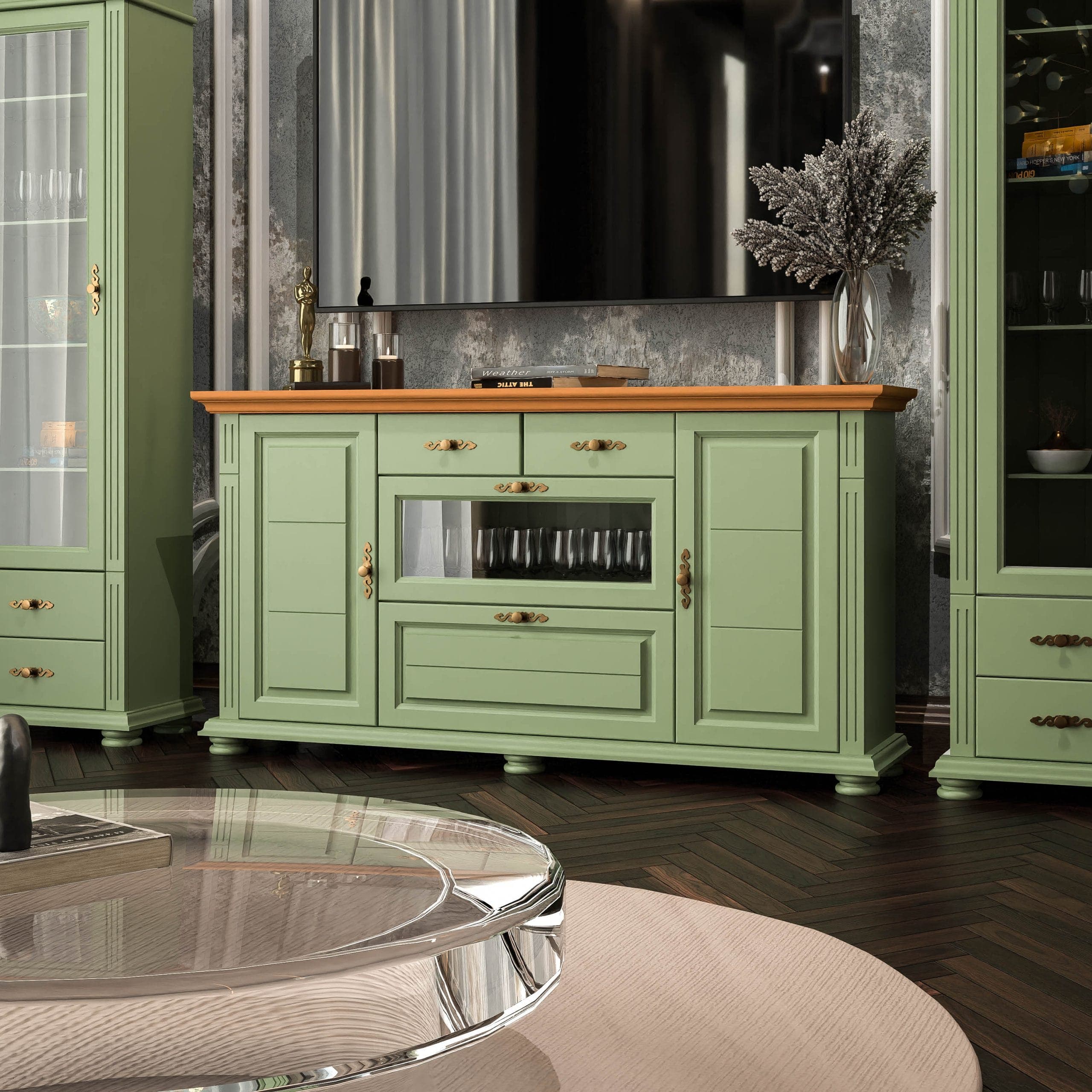 Commode Skagen en bois massif avec plateau couleur sauge