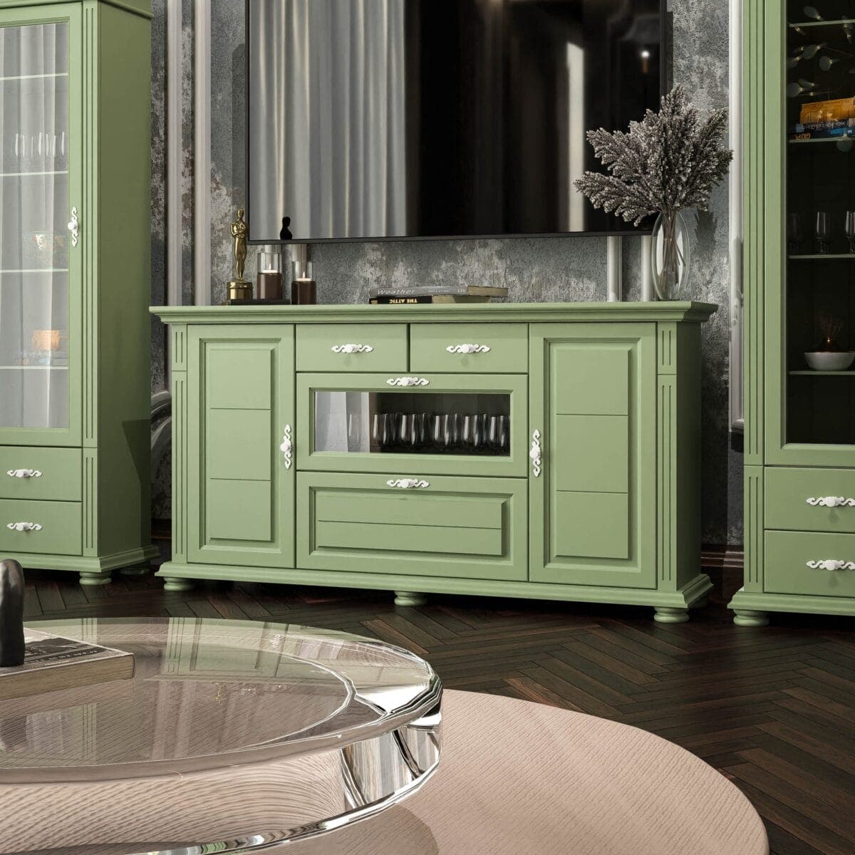 Commode Skagen en bois massif avec plateau couleur sauge