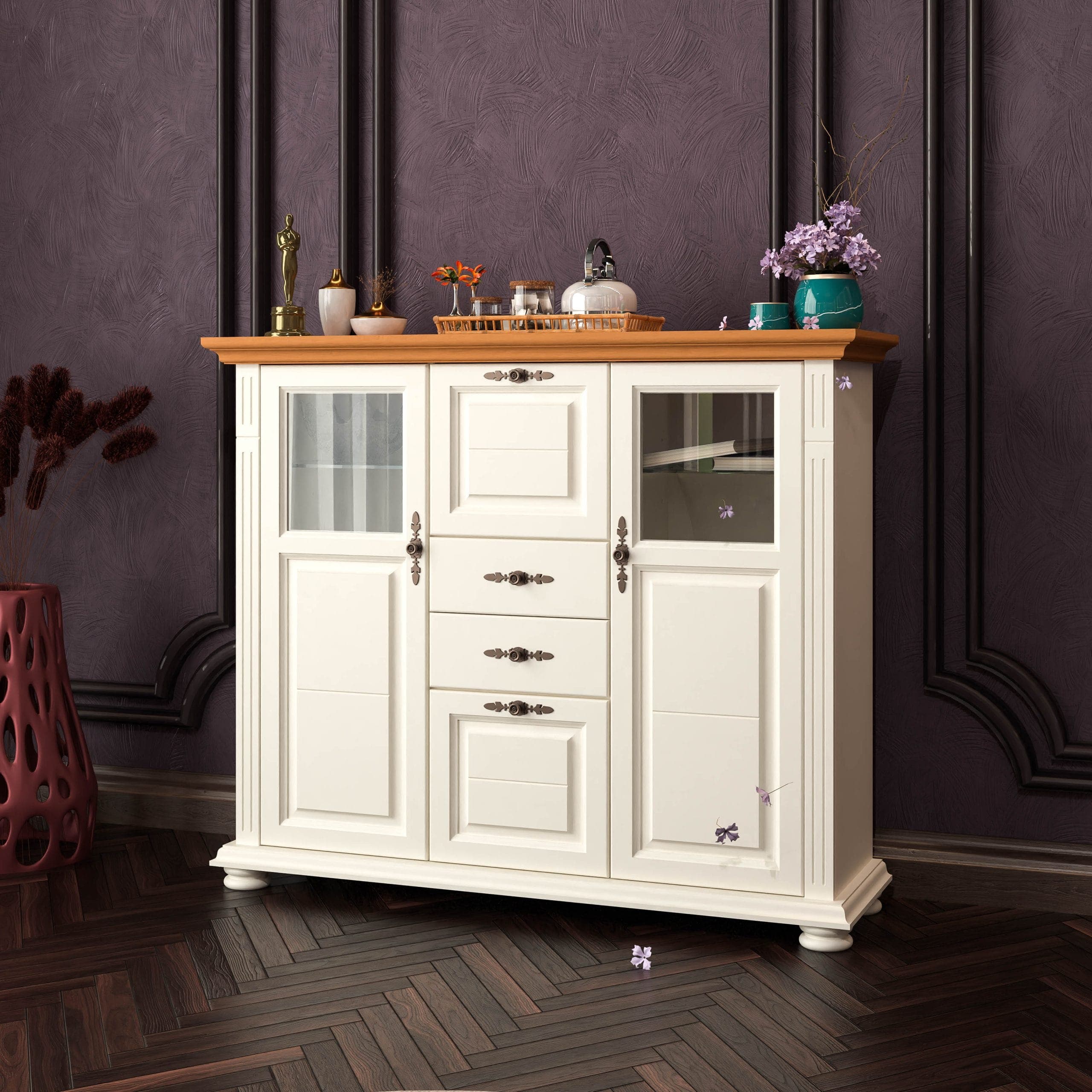 Commode Skagen en bois massif avec étagères en verre, couleur vanille