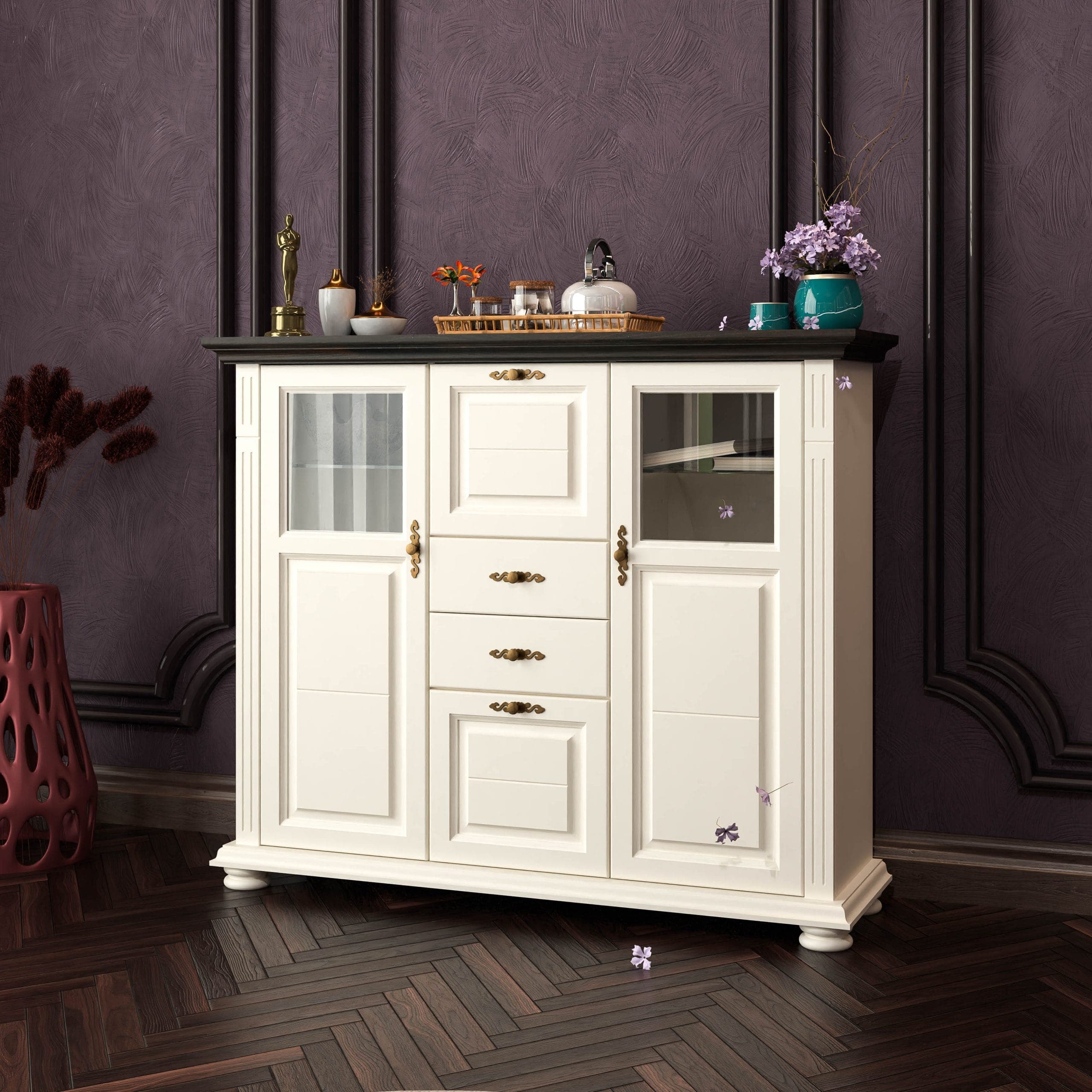 Commode Skagen en bois massif avec étagères en verre, couleur vanille