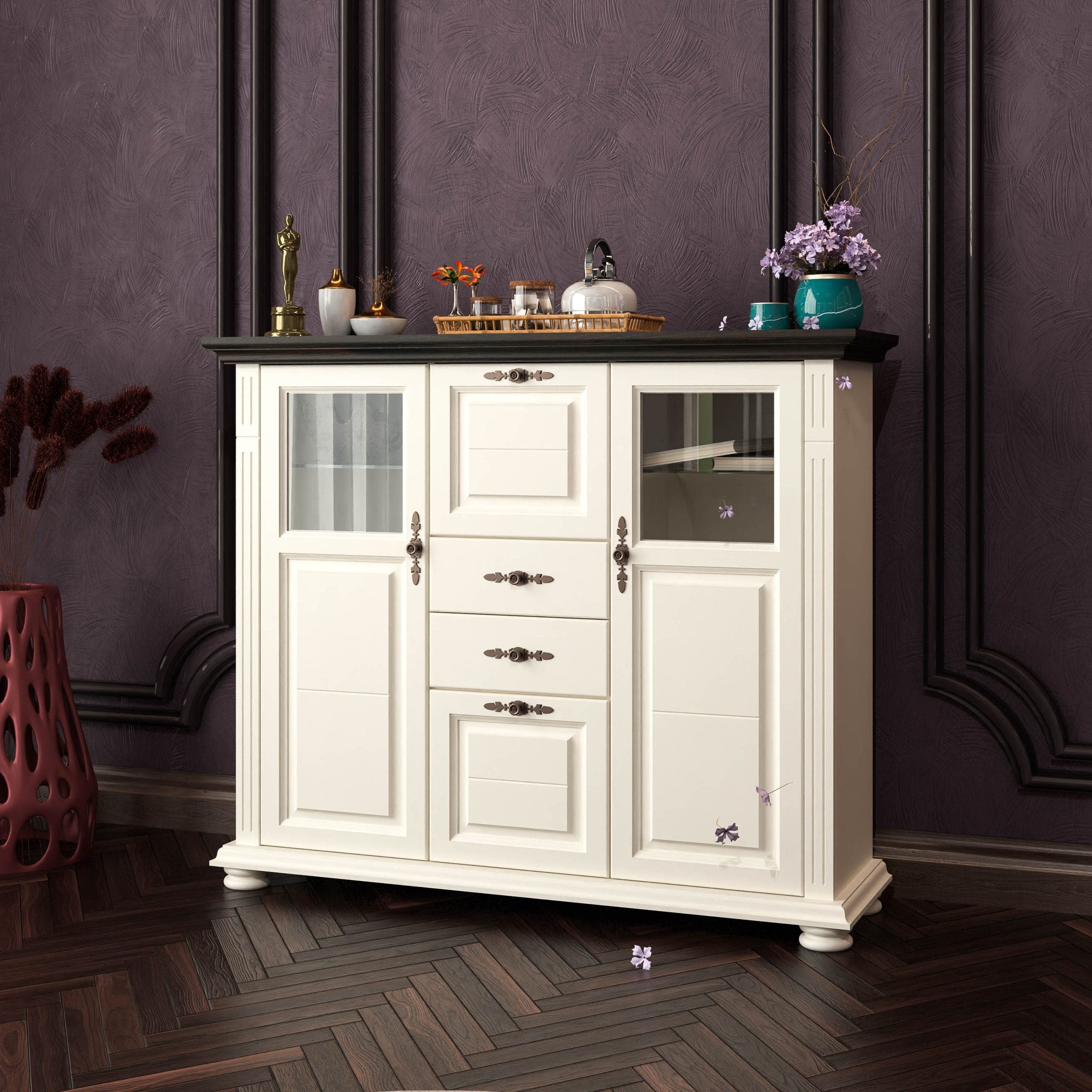 Commode Skagen en bois massif avec étagères en verre, couleur vanille